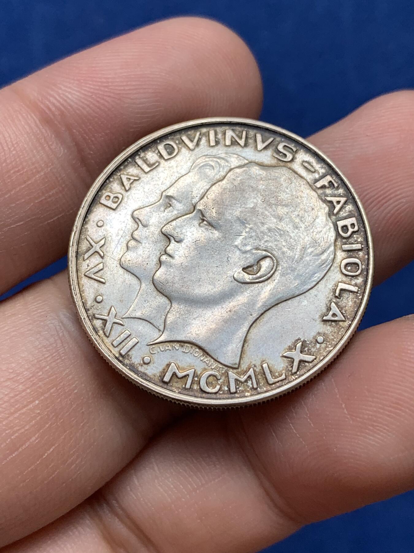 《竞宝斋》第292场- 周日，周一  2场连拍 （全场包邮） 比利时1960年国王结婚纪念50法郎银币