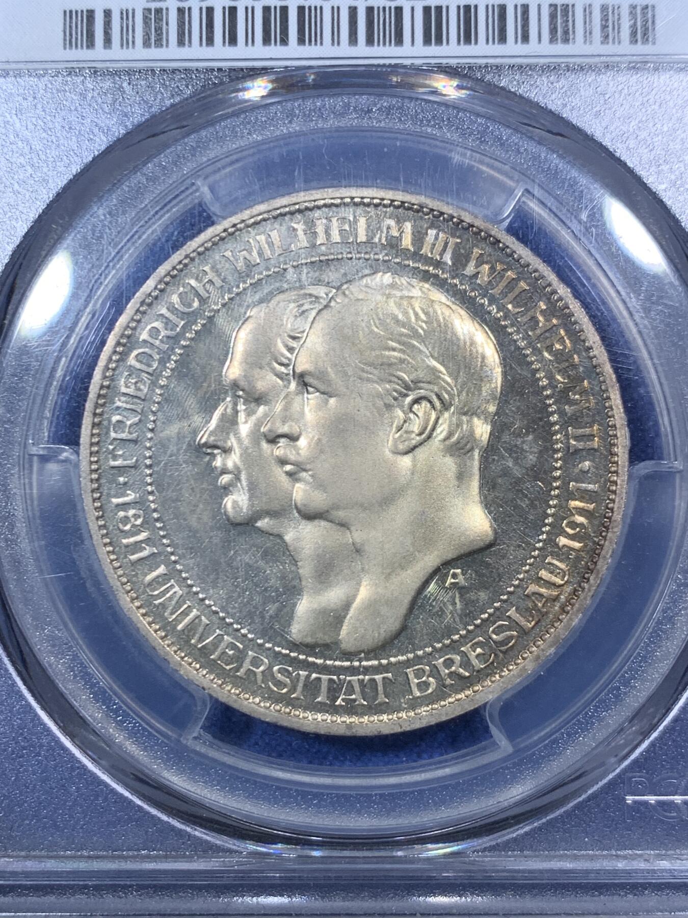 《竞宝斋》第292场- 周日，周一  2场连拍 （全场包邮） PCGS PR64 德国1911A年普鲁士布雷斯劳大学3马克精制银币 克书未记载发行数量 十分少见的品种