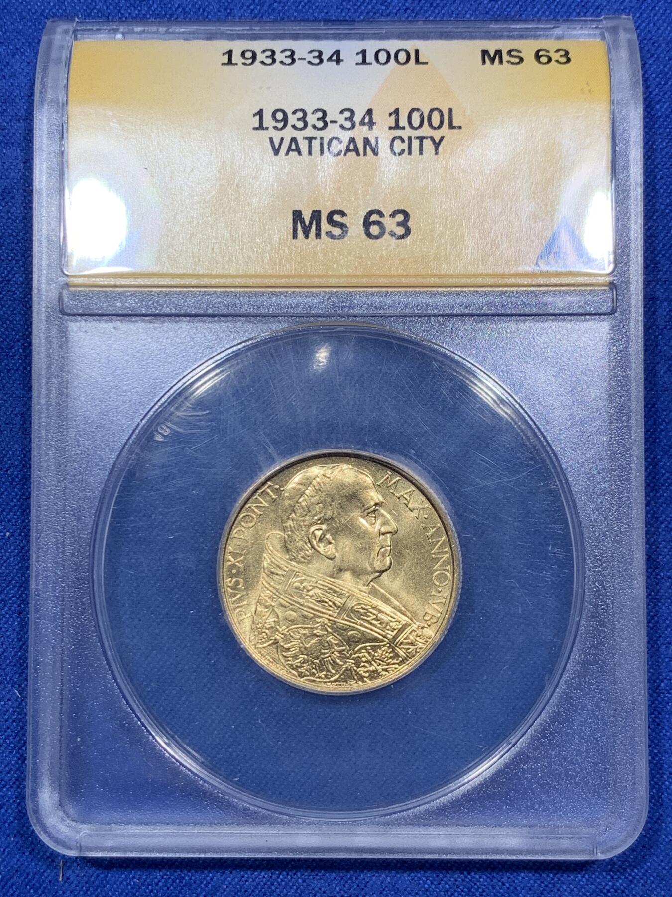 《竞宝斋》第292场- 周日，周一  2场连拍 （全场包邮） ANACS MS63 意大利1933-34梵蒂冈100里拉金币 早期成立的美国本土评级公司