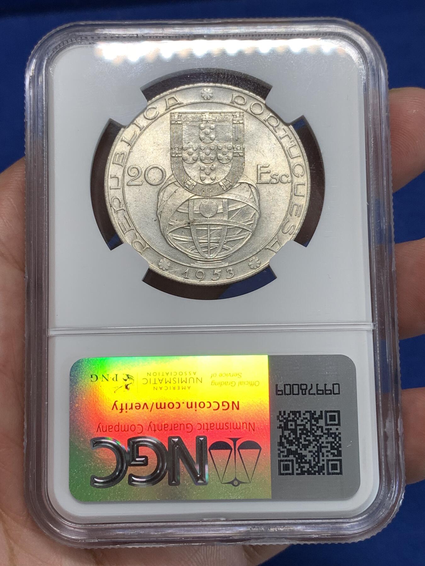 《竞宝斋》第292场- 周日，周一  2场连拍 （全场包邮） NGC UNC 葡萄牙1953年20埃斯库多银币