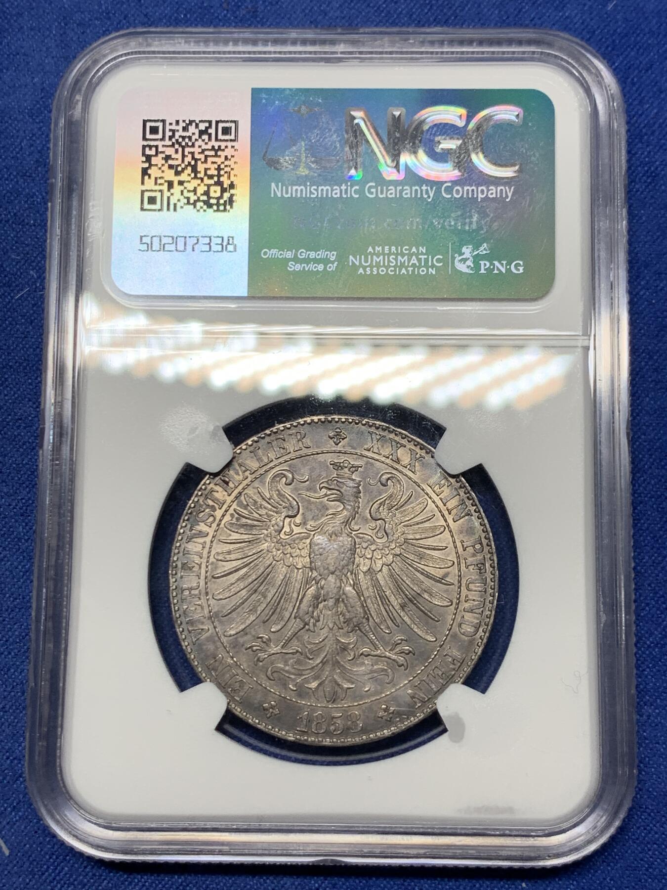 《竞宝斋》第292场- 周日，周一  2场连拍 （全场包邮） NGC AU58 德国法兰克福 1858年 稀少教堂版 法兰克福少女 1泰勒银币 深彩包浆光度好