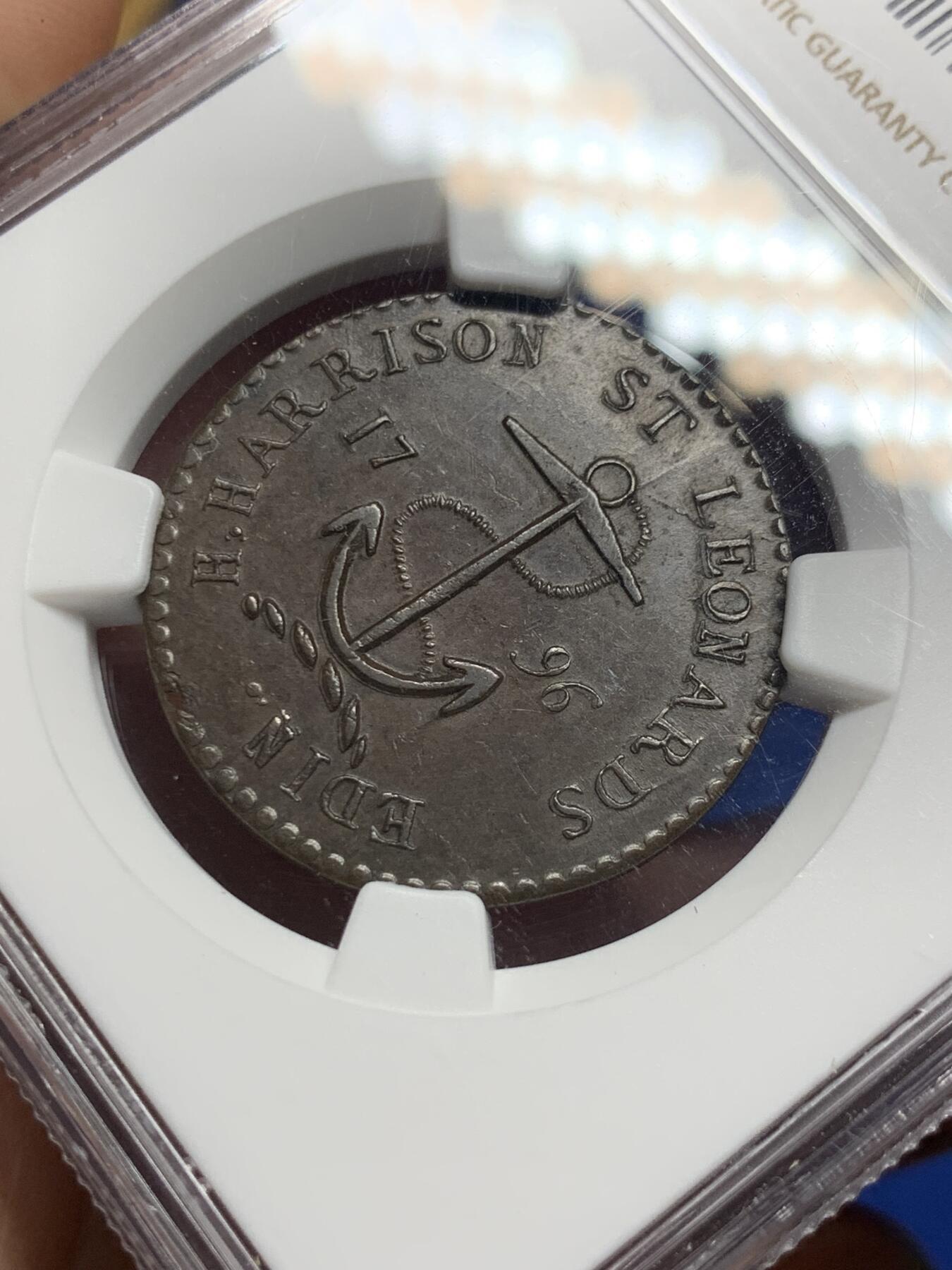 《竞宝斋》第292场- 周日，周一  2场连拍 （全场包邮） NGC AU55BN 1796年苏格兰 D&H海运公司 1/2便士铜代币 正面锚币设计十分经典