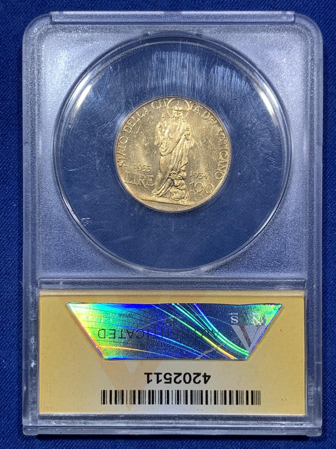 《竞宝斋》第292场- 周日，周一  2场连拍 （全场包邮） ANACS MS63 意大利1933-34梵蒂冈100里拉金币 早期成立的美国本土评级公司