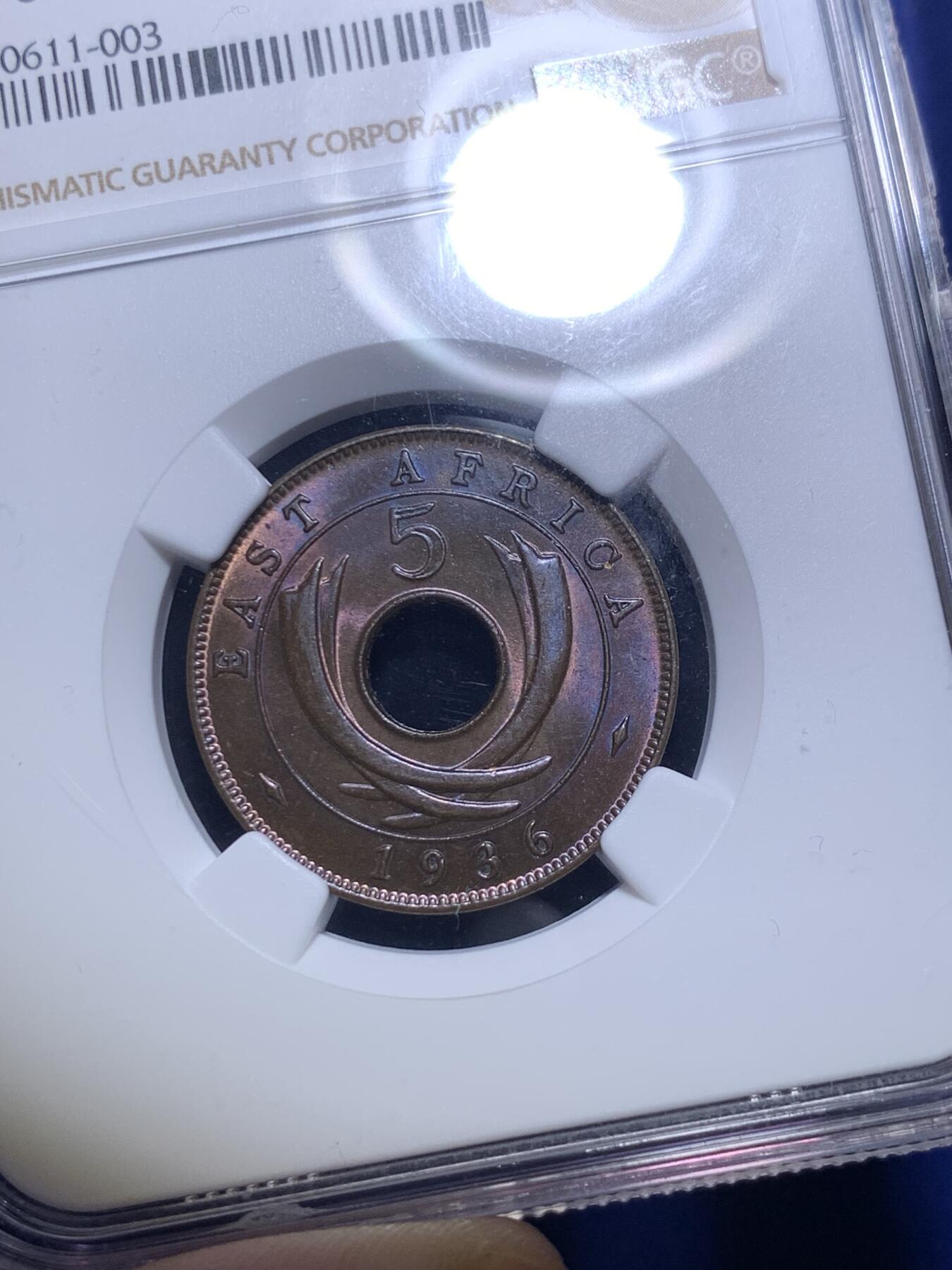 《竞宝斋》第292场- 周日，周一  2场连拍 （全场包邮） NGC MS64RB 英属东非1936年爱德华八世5分铜币KN版  紫彩非常漂亮