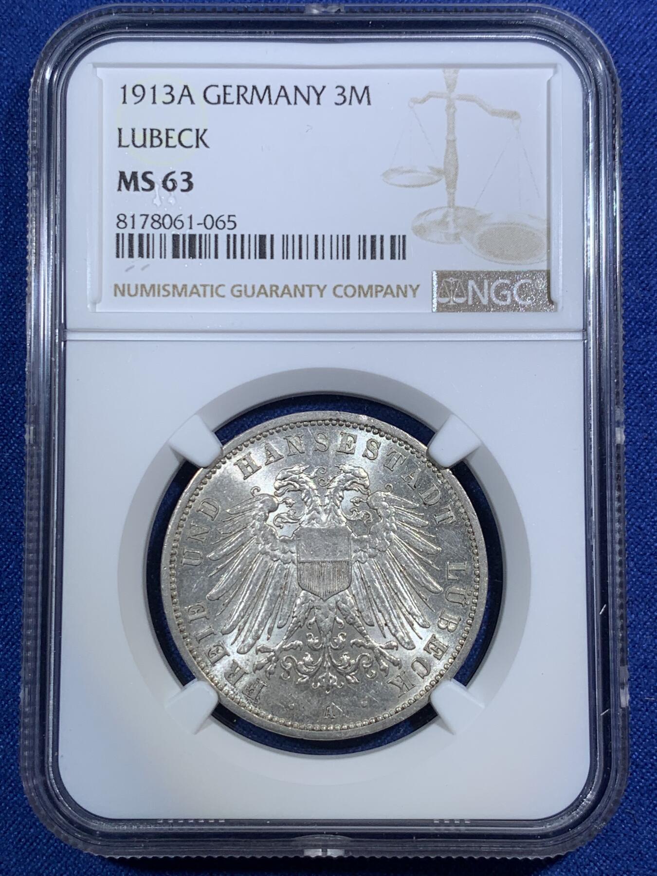《竞宝斋》第292场- 周日，周一  2场连拍 （全场包邮） NGC MS63 德国1913A吕贝克3马克银币