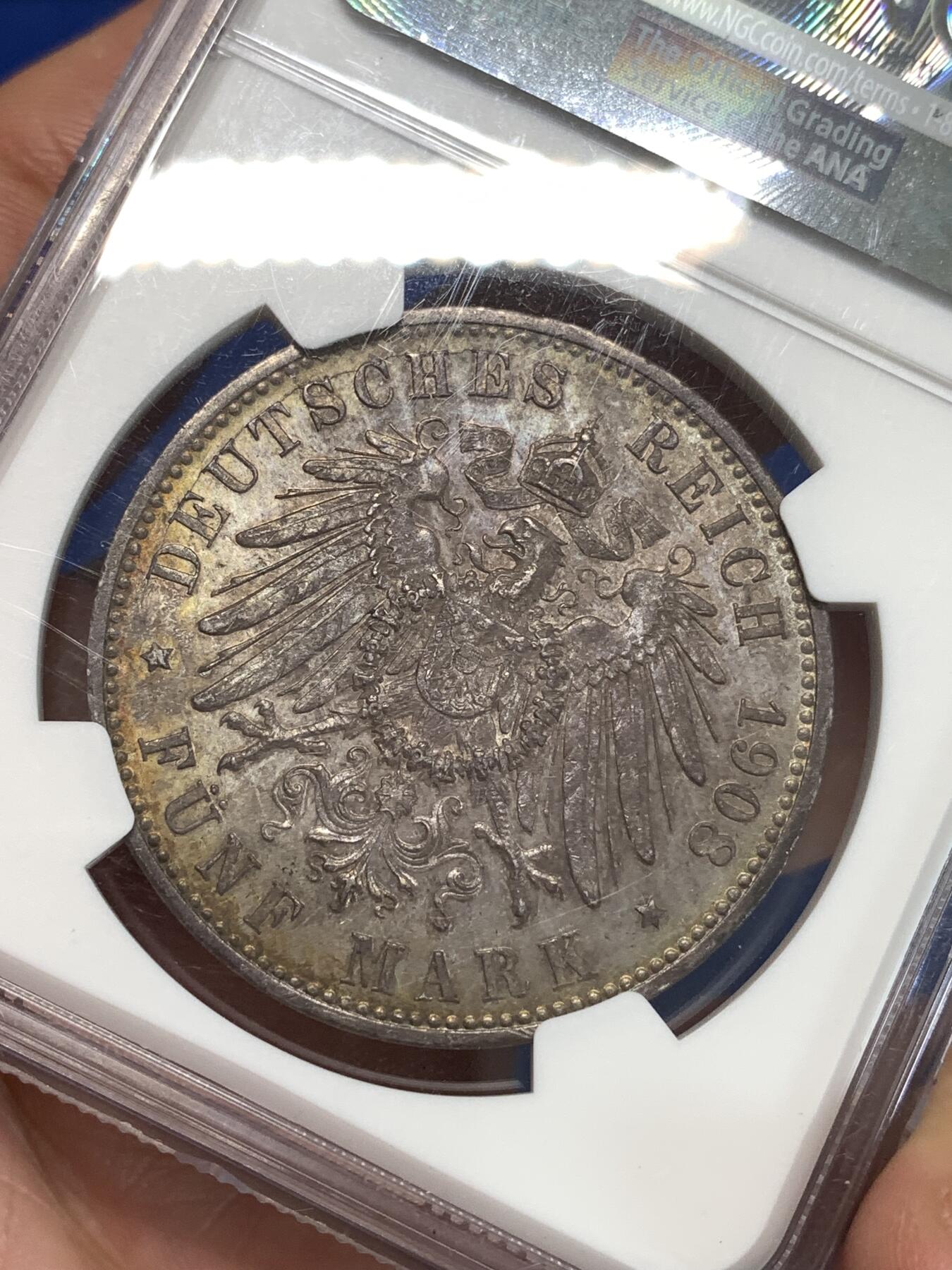 《竞宝斋》第292场- 周日，周一  2场连拍 （全场包邮） NGC UNCD 德国1908F符腾堡5马克银币