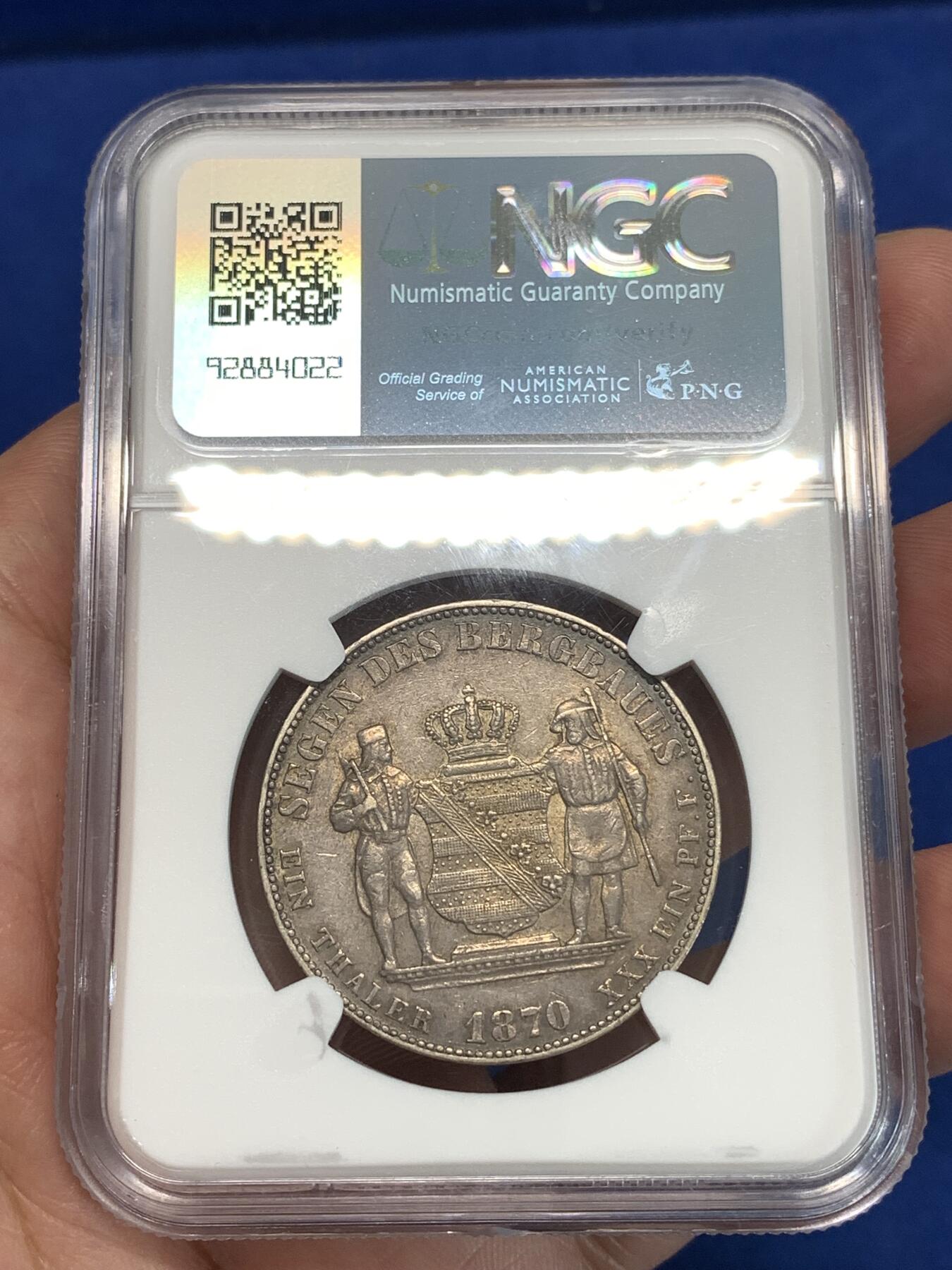 《竞宝斋》第292场- 周日，周一  2场连拍 （全场包邮） NGC XF45 德国 1870年B 萨克森矿业泰勒 正面深蓝绿色包浆 背面日落红包浆 感官佳明显低评