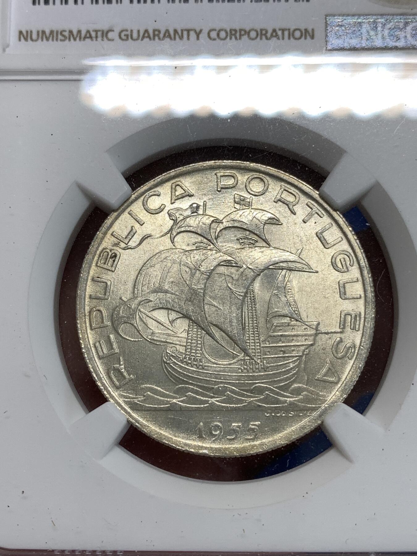 《竞宝斋》第292场- 周日，周一  2场连拍 （全场包邮） NGC MS64 葡萄牙1955年大帆船10埃斯库多银币