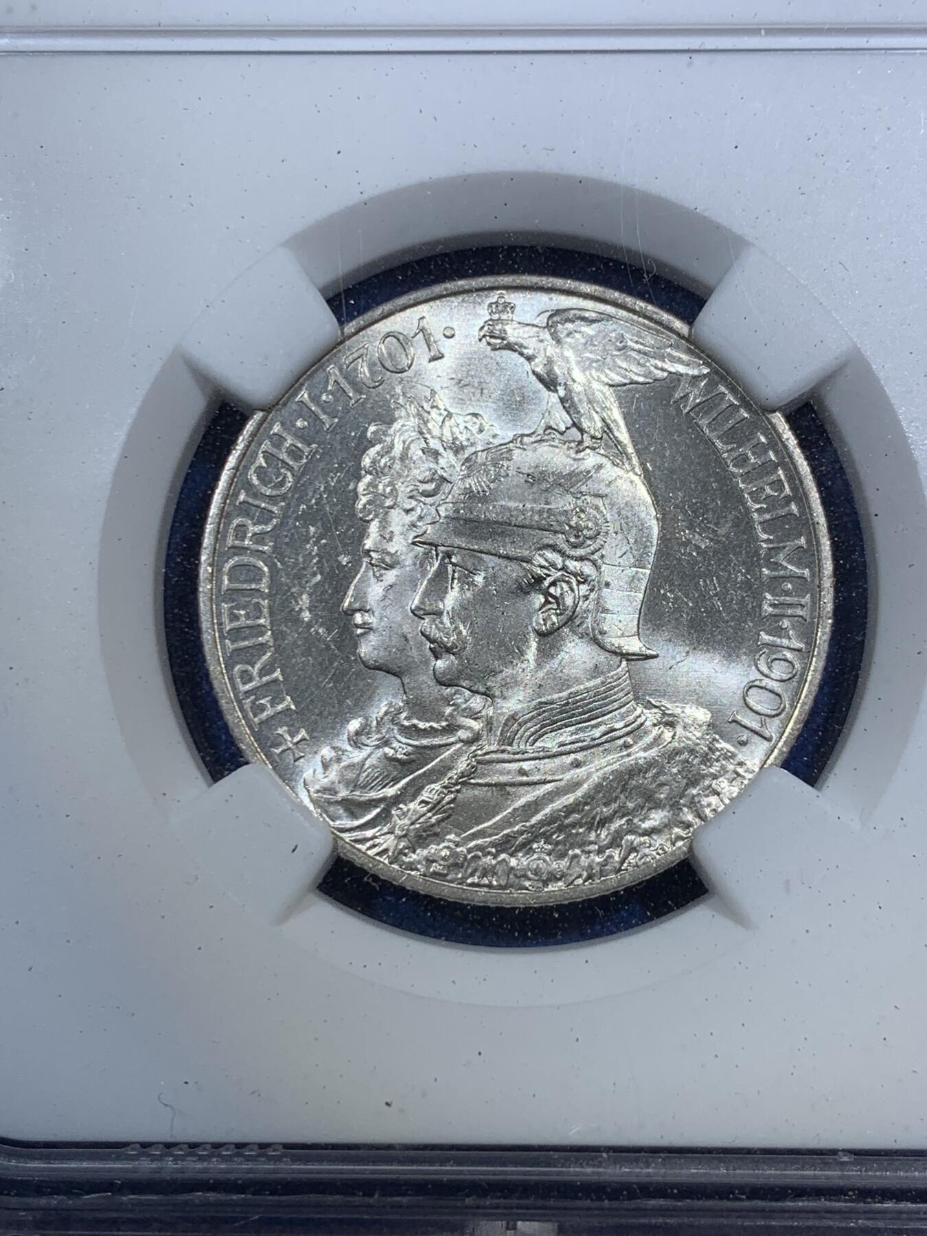 《竞宝斋》第292场- 周日，周一  2场连拍 （全场包邮） NGC MS62 德国1901A普鲁士建国200周年2马克银币