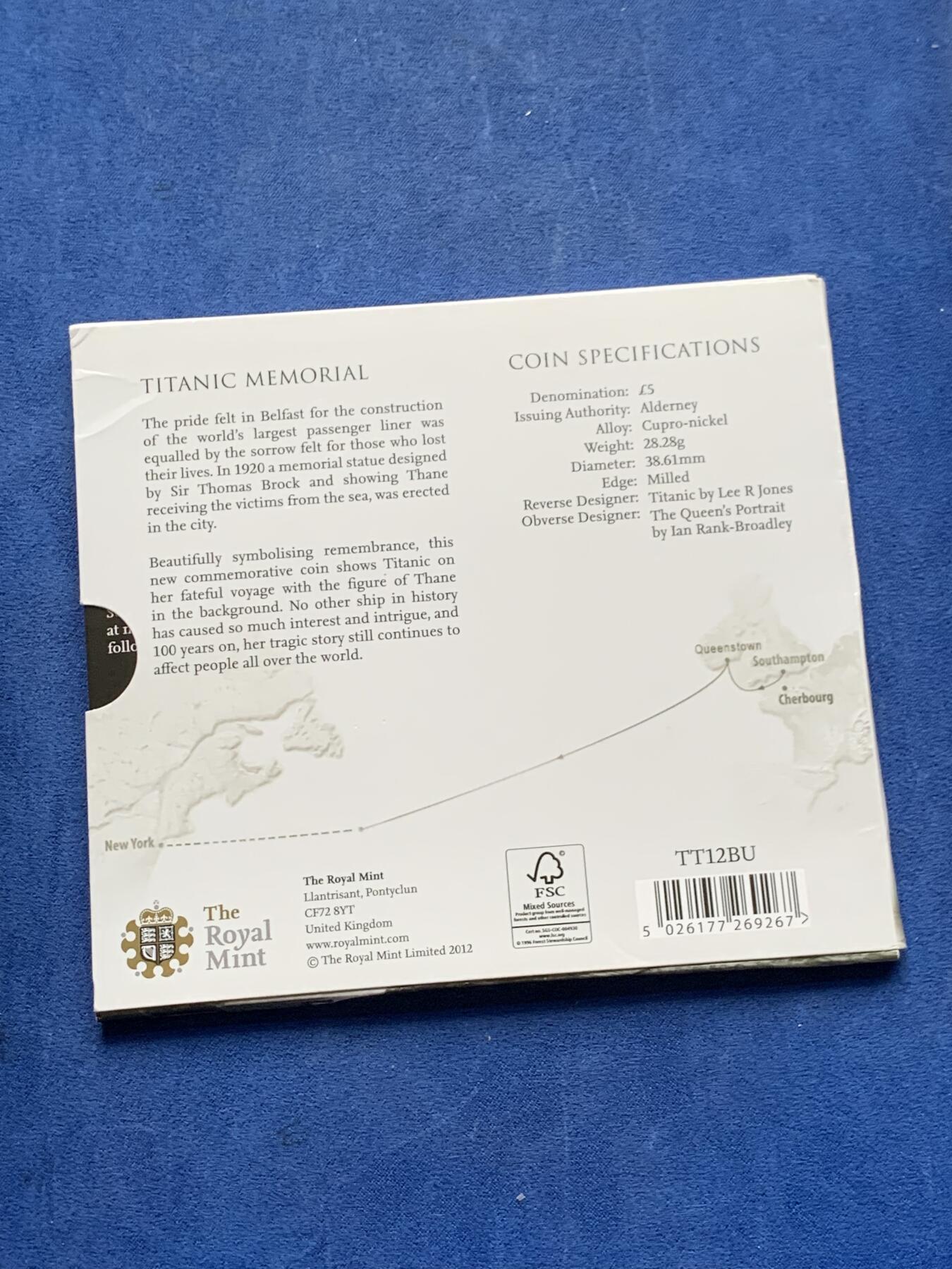 《竞宝斋》第292场- 周日，周一  2场连拍 （全场包邮） 英国皇家造币厂2012泰坦尼克号5英镑纪念币