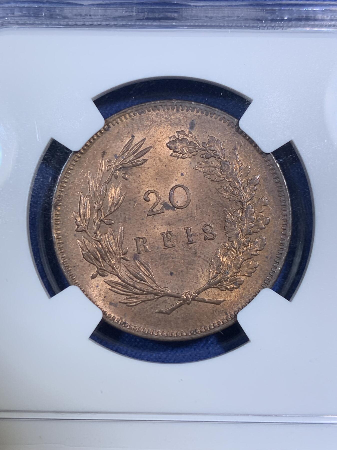 《竞宝斋》第292场- 周日，周一  2场连拍 （全场包邮） NGC MS64RB 葡萄牙1891年卡洛斯一世20瑞斯铜币 少见品种 仅四枚更高