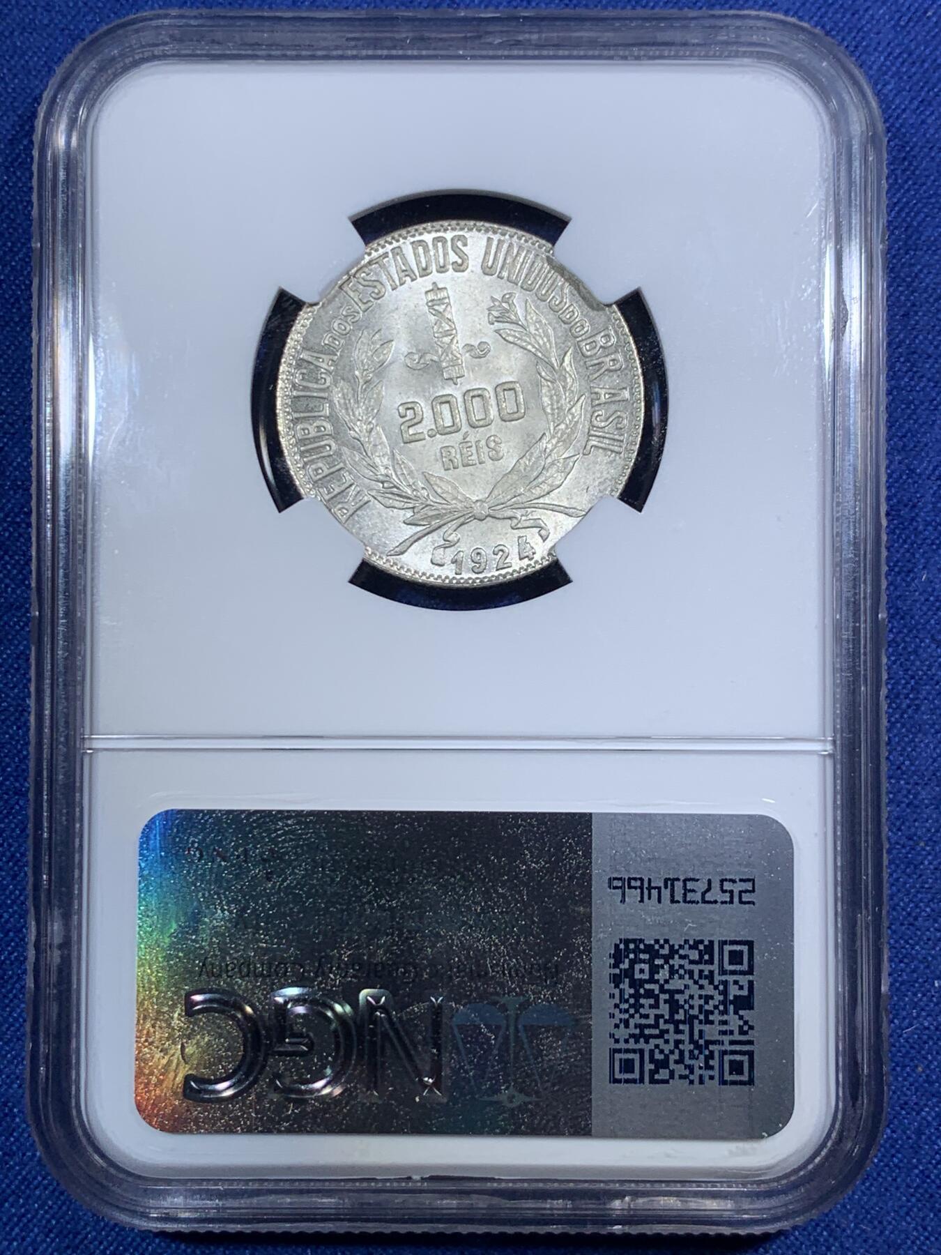 《竞宝斋》第292场- 周日，周一  2场连拍 （全场包邮） NGC MS66 巴西女神1924年2000R银币 稀少品超高分