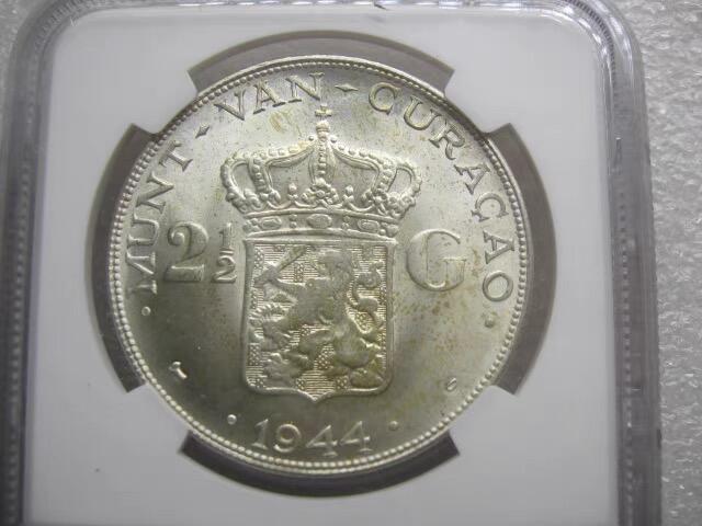 NGC-MS64荷属库拉索1944年2-1/2盾克朗银币[022]