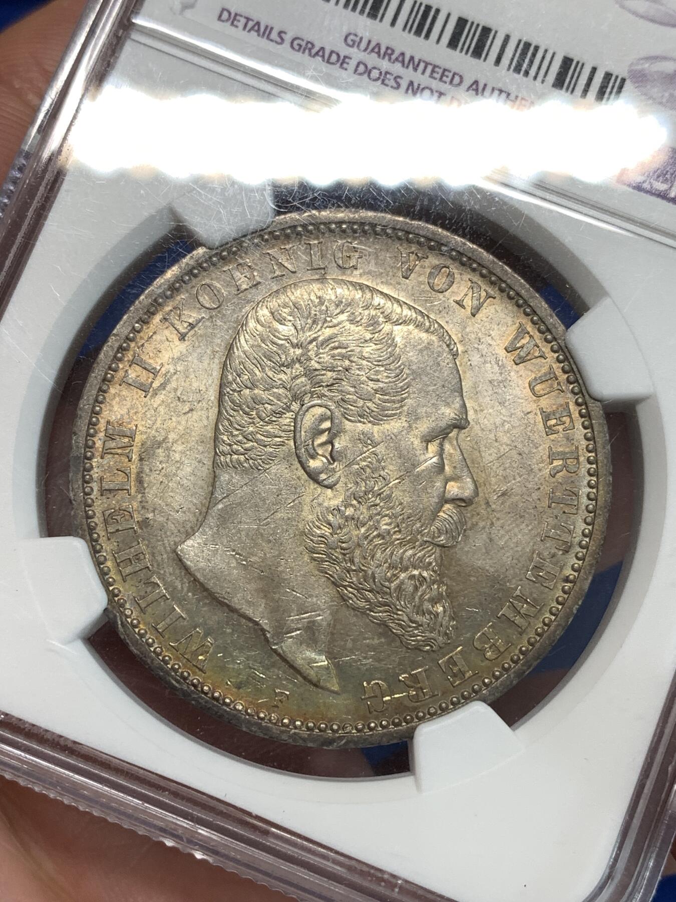 《竞宝斋》第292场- 周日，周一  2场连拍 （全场包邮） NGC UNCD 德国1908F符腾堡5马克银币