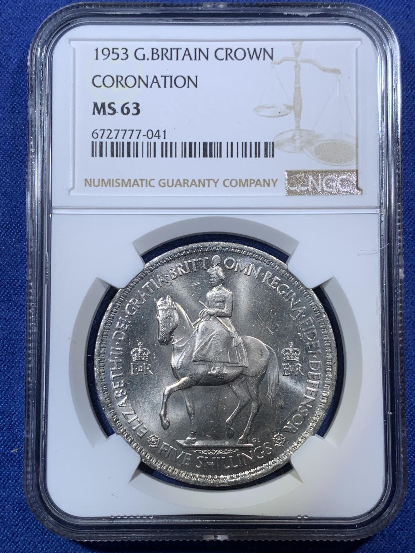 《竞宝斋》第292场- 周日，周一  2场连拍 （全场包邮） NGC MS63 英国1953年伊丽莎白二世女王登基纪念克朗 经典品种