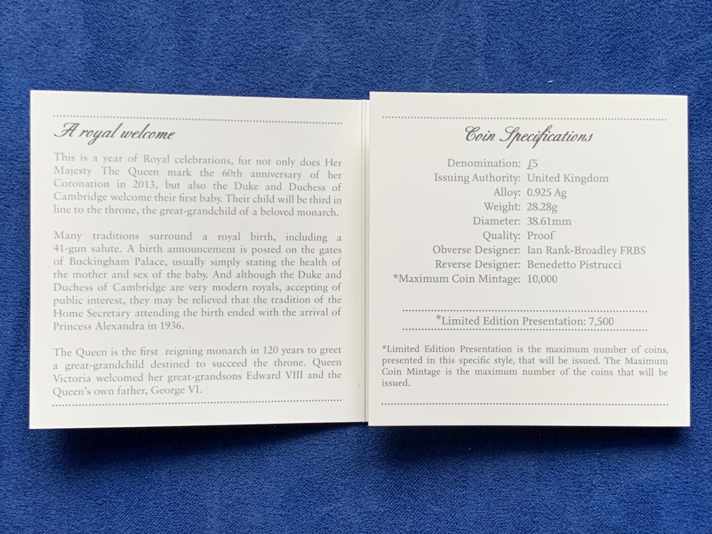 《竞宝斋》第292场- 周日，周一  2场连拍 （全场包邮） 英国2013年 伊丽莎白二世加冕60周年纪念 5镑 又称''最后的马剑'' 38.61mm 28.28g 0.925Ag 铸造量7500枚