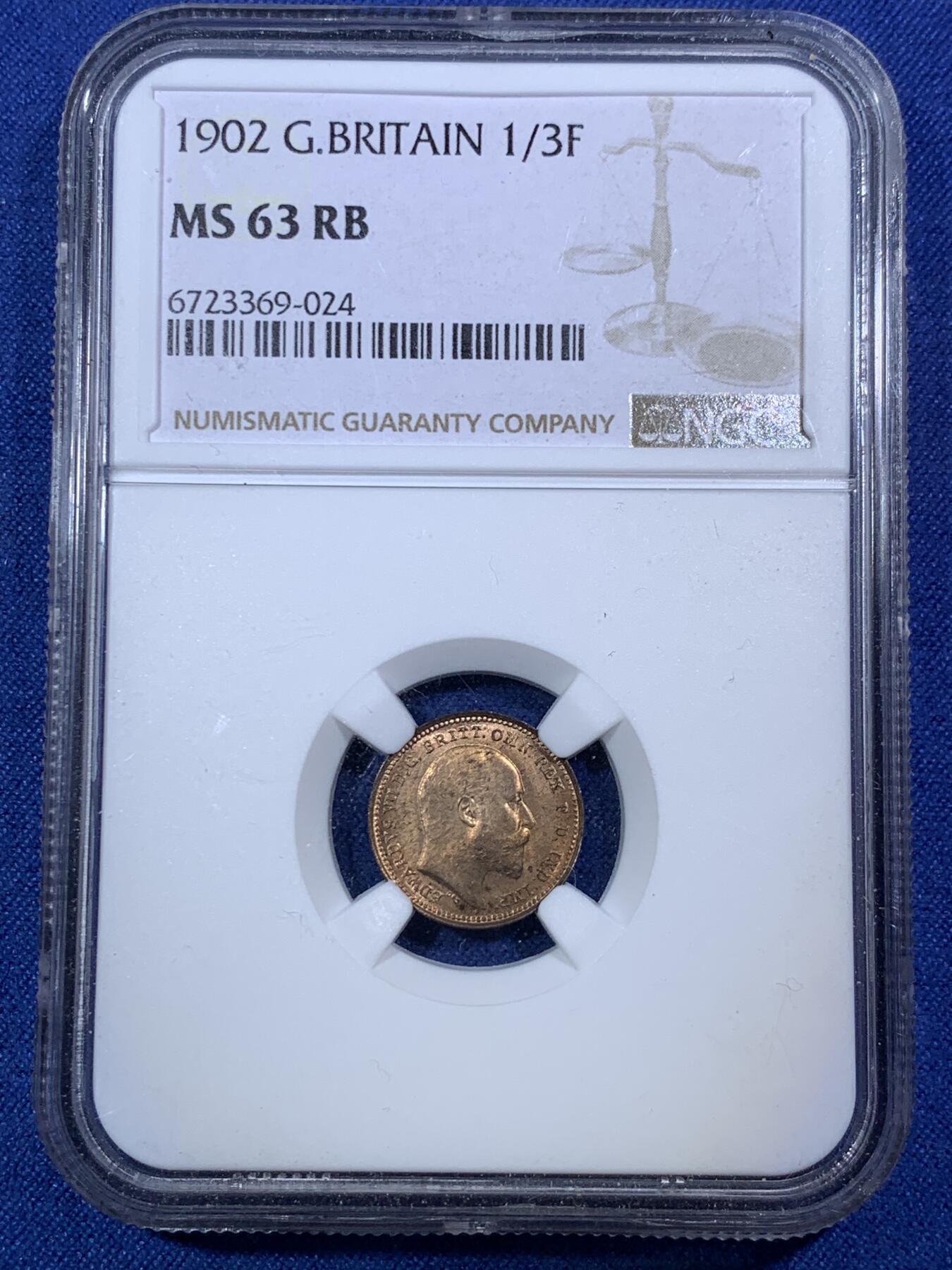 《竞宝斋》第292场- 周日，周一  2场连拍 （全场包邮） NGC MS63RB 英国1902年 爱德华七世1/3法新 底板光度很好 包浆和转光交相辉映