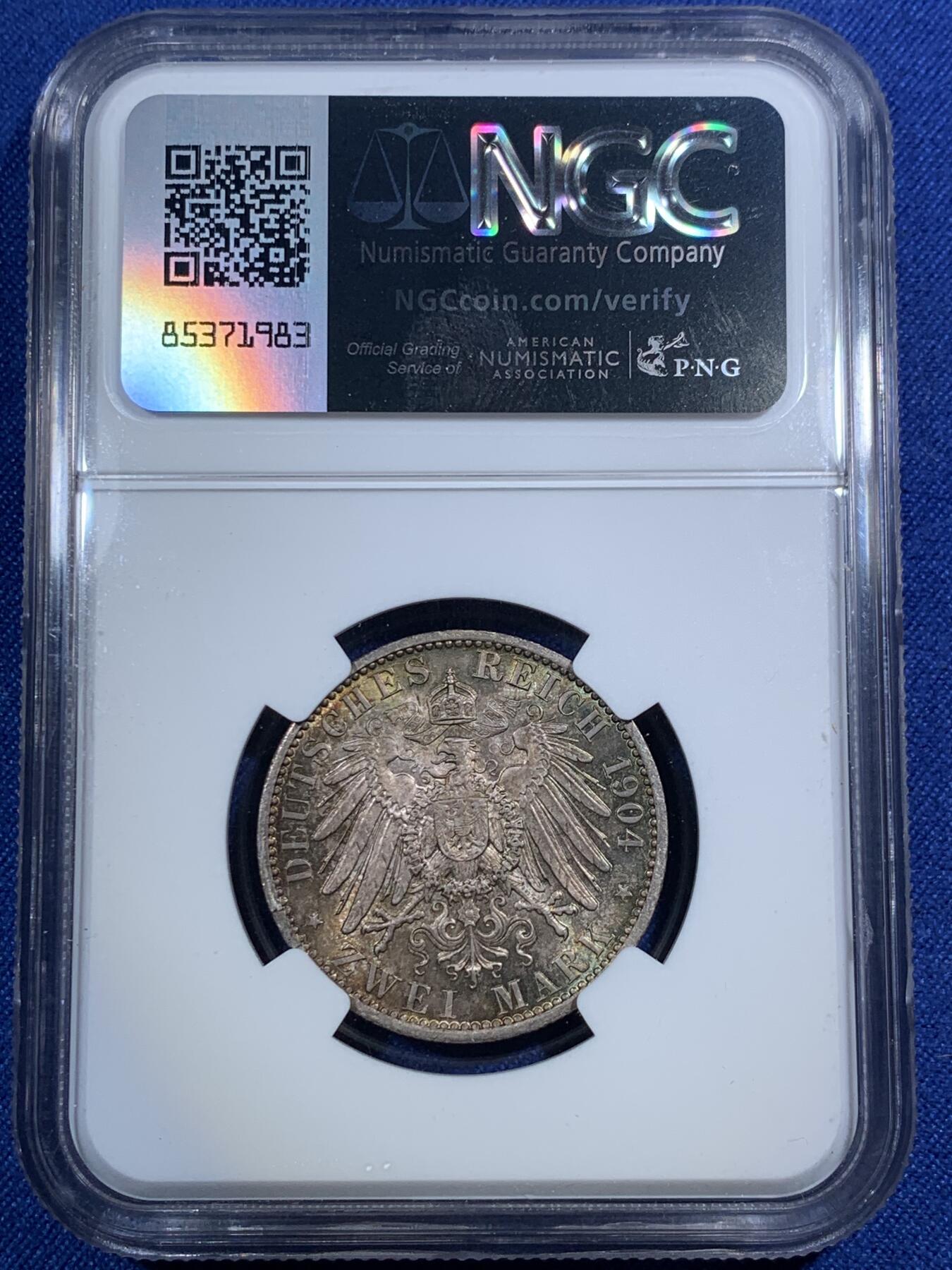 《竞宝斋》第292场- 周日，周一  2场连拍 （全场包邮） NGC MS66 德国梅克伦堡1904年结婚纪念2马克银币