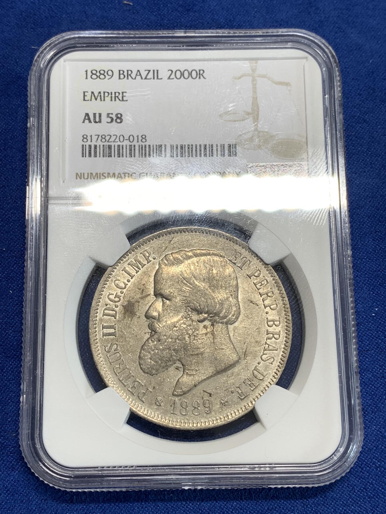 《竞宝斋》第292场- 周日，周一  2场连拍 （全场包邮） NGC AU58 巴西1889年2000R大银币