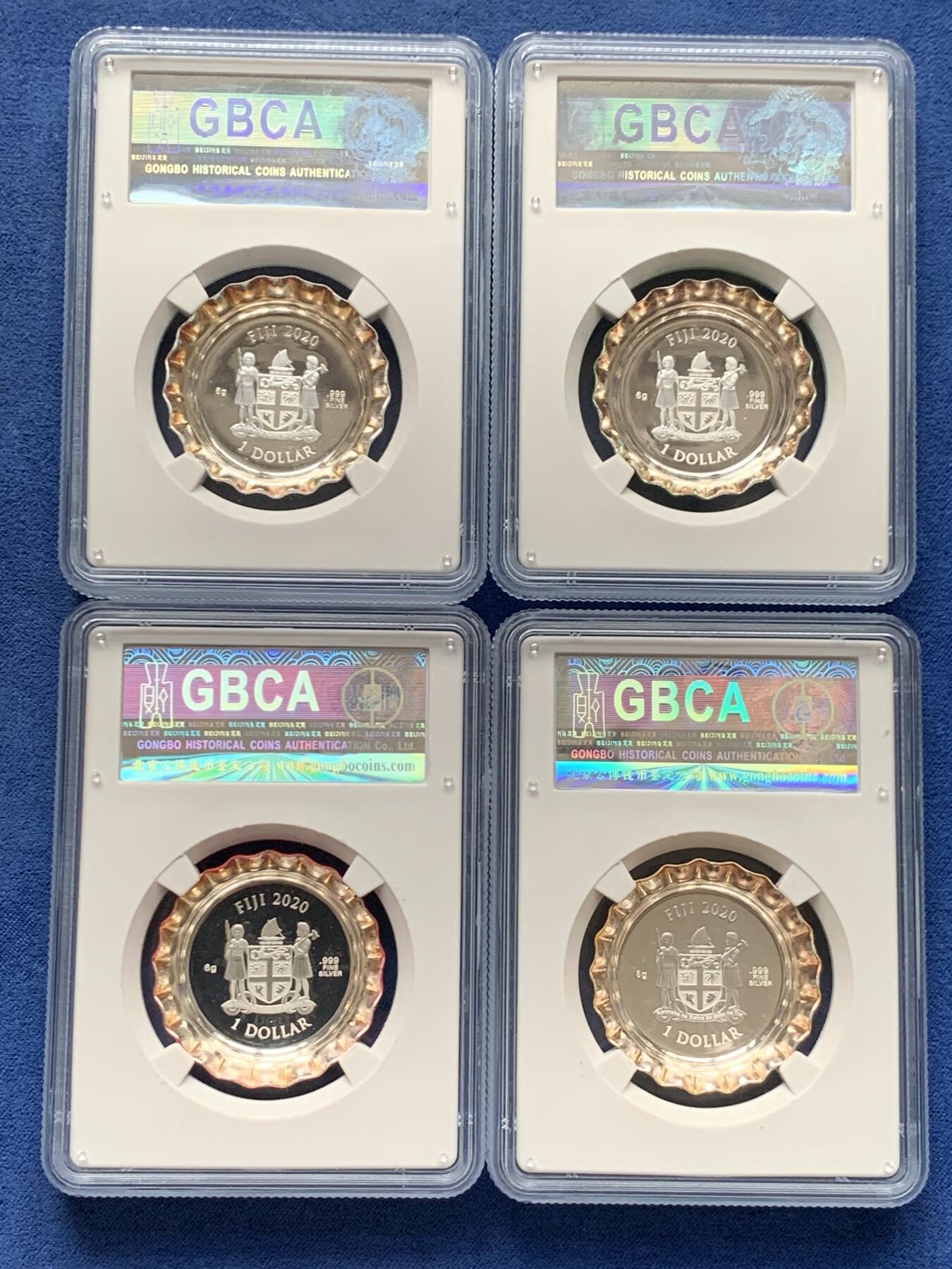 《竞宝斋》第292场- 周日，周一  2场连拍 （全场包邮） 4枚一套 2020年斐济可口可乐彩色银瓶盖系列（可口可乐中版，美版，芬达，雪碧）四色瓶盖，均为公博评级，MS70满分，盒证齐全