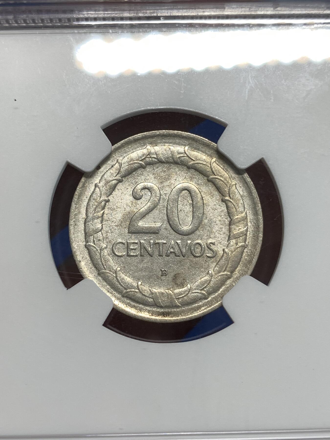 《竞宝斋》第292场- 周日，周一  2场连拍 （全场包邮） 特年 NGC MS62 哥伦比亚 1945年 20分 银币  更高分仅五枚