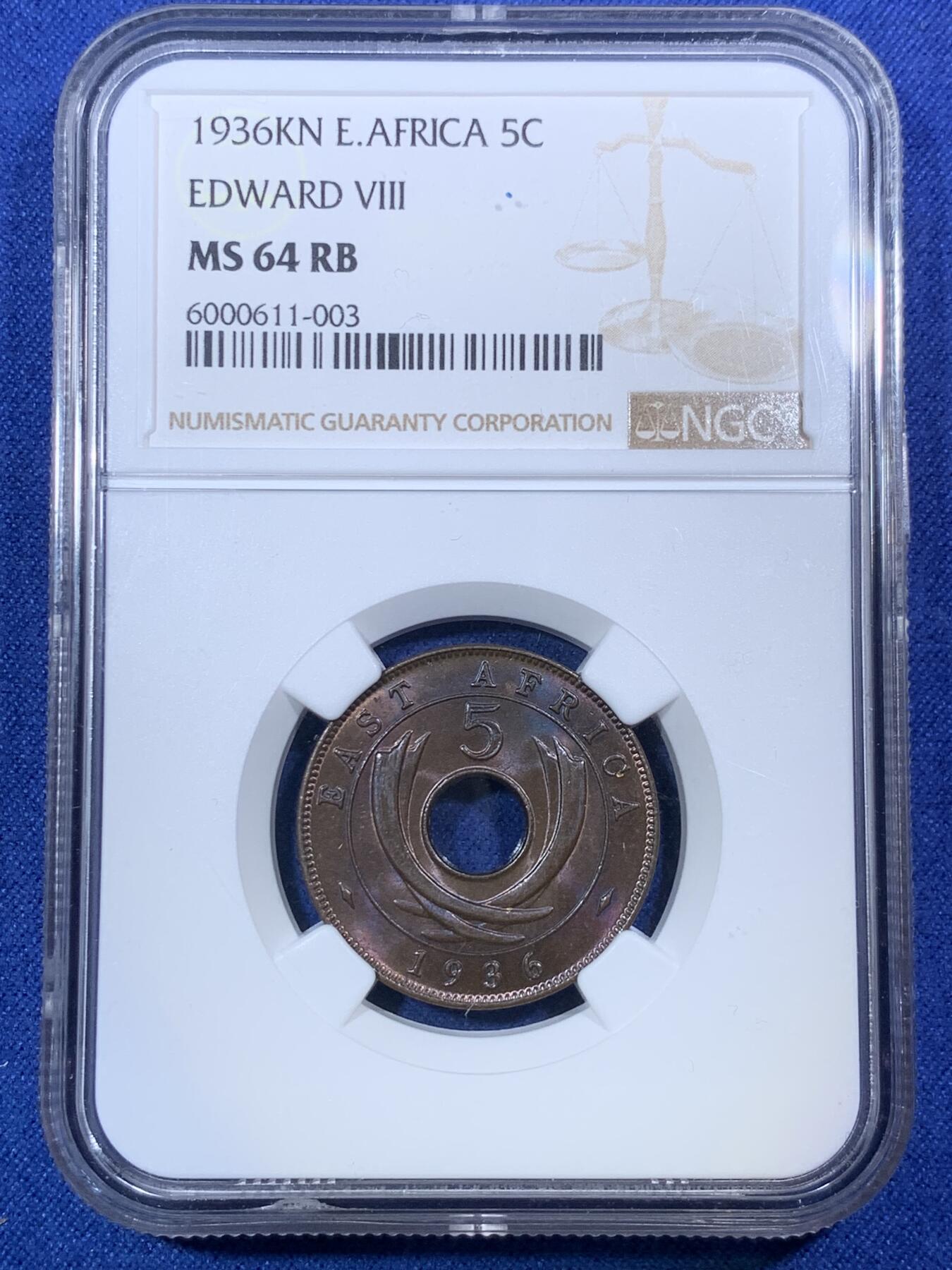 《竞宝斋》第292场- 周日，周一  2场连拍 （全场包邮） NGC MS64RB 英属东非1936年爱德华八世5分铜币KN版  紫彩非常漂亮