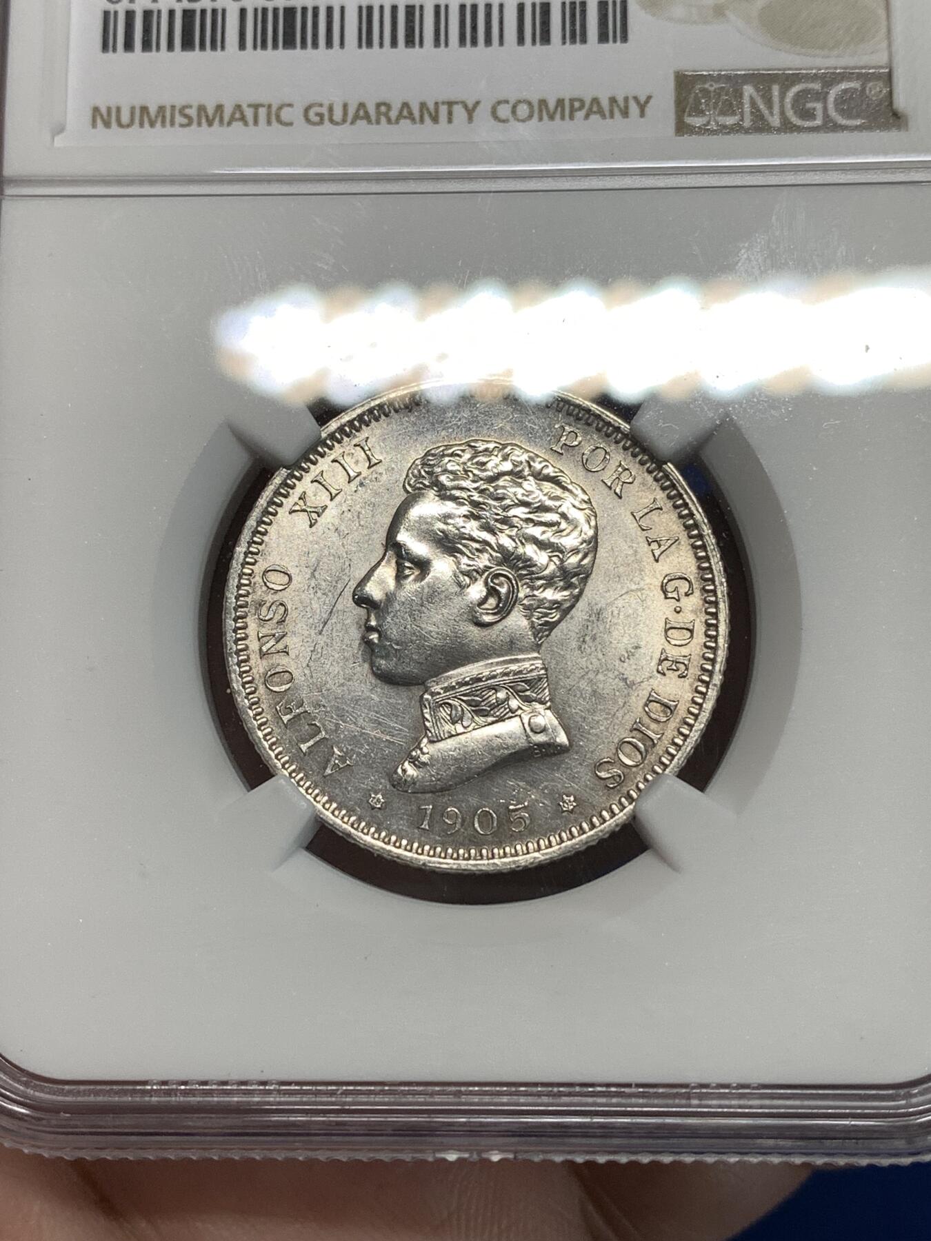 《竞宝斋》第292场- 周日，周一  2场连拍 （全场包邮） NGC UNCD 西班牙1905阿方索十三世2比塞塔银币