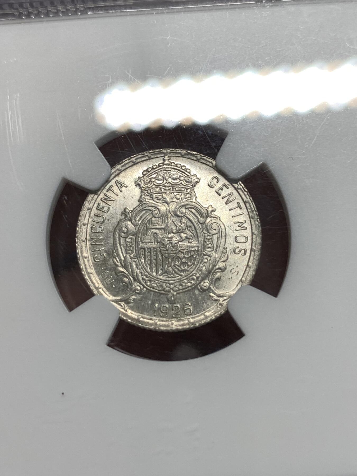 《竞宝斋》第292场- 周日，周一  2场连拍 （全场包邮） NGC MS63 西班牙1926阿方索十三世50C银币 好品