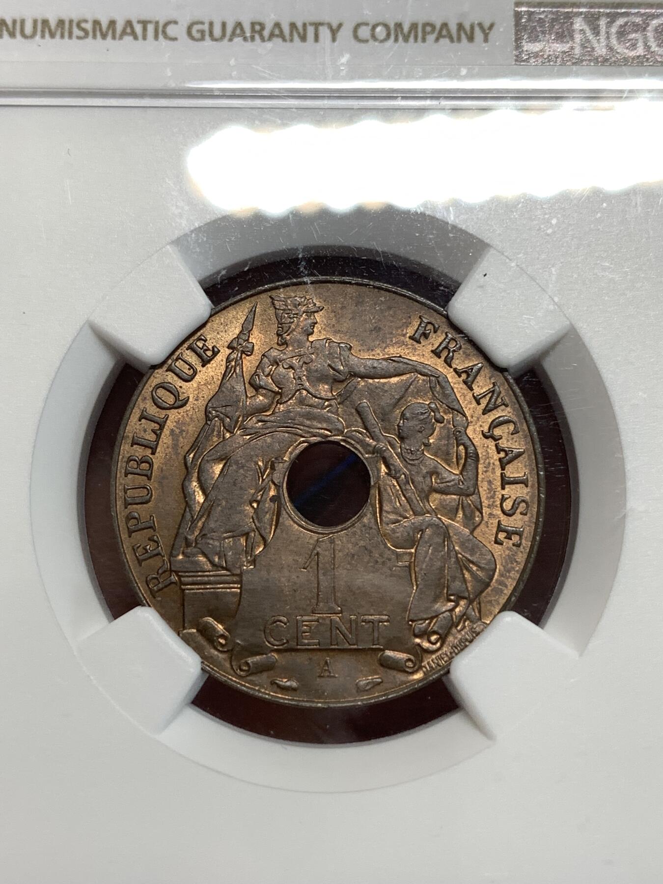 《竞宝斋》第292场- 周日，周一  2场连拍 （全场包邮） NGC MS63RB 1938A法属印支1分 百分之一铜币 底板很丝滑