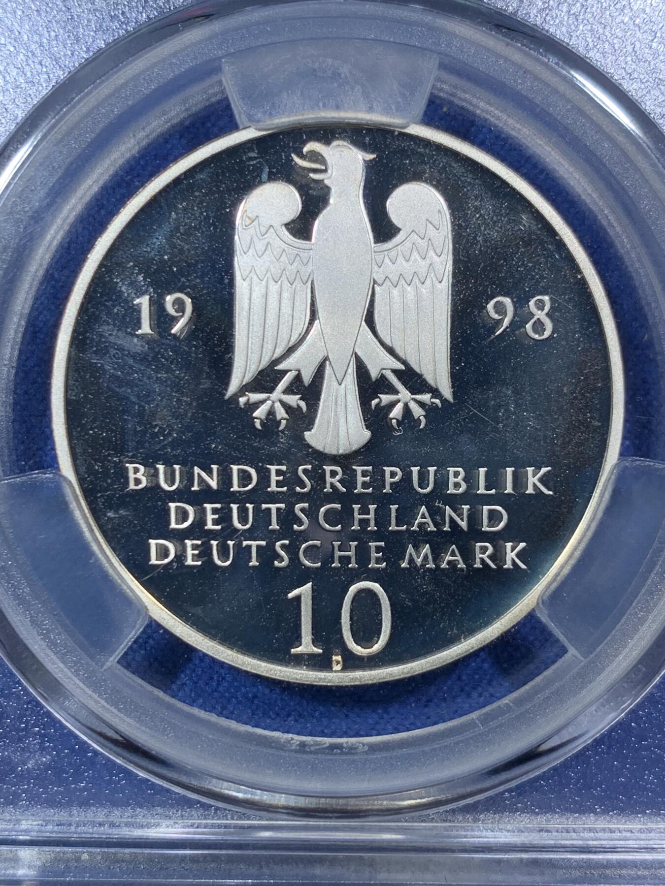 《竞宝斋》第292场- 周日，周一  2场连拍 （全场包邮） ACG PF67 1998年德国弗兰克基金会300周年纪念精制银币 稀少美品银币10马克