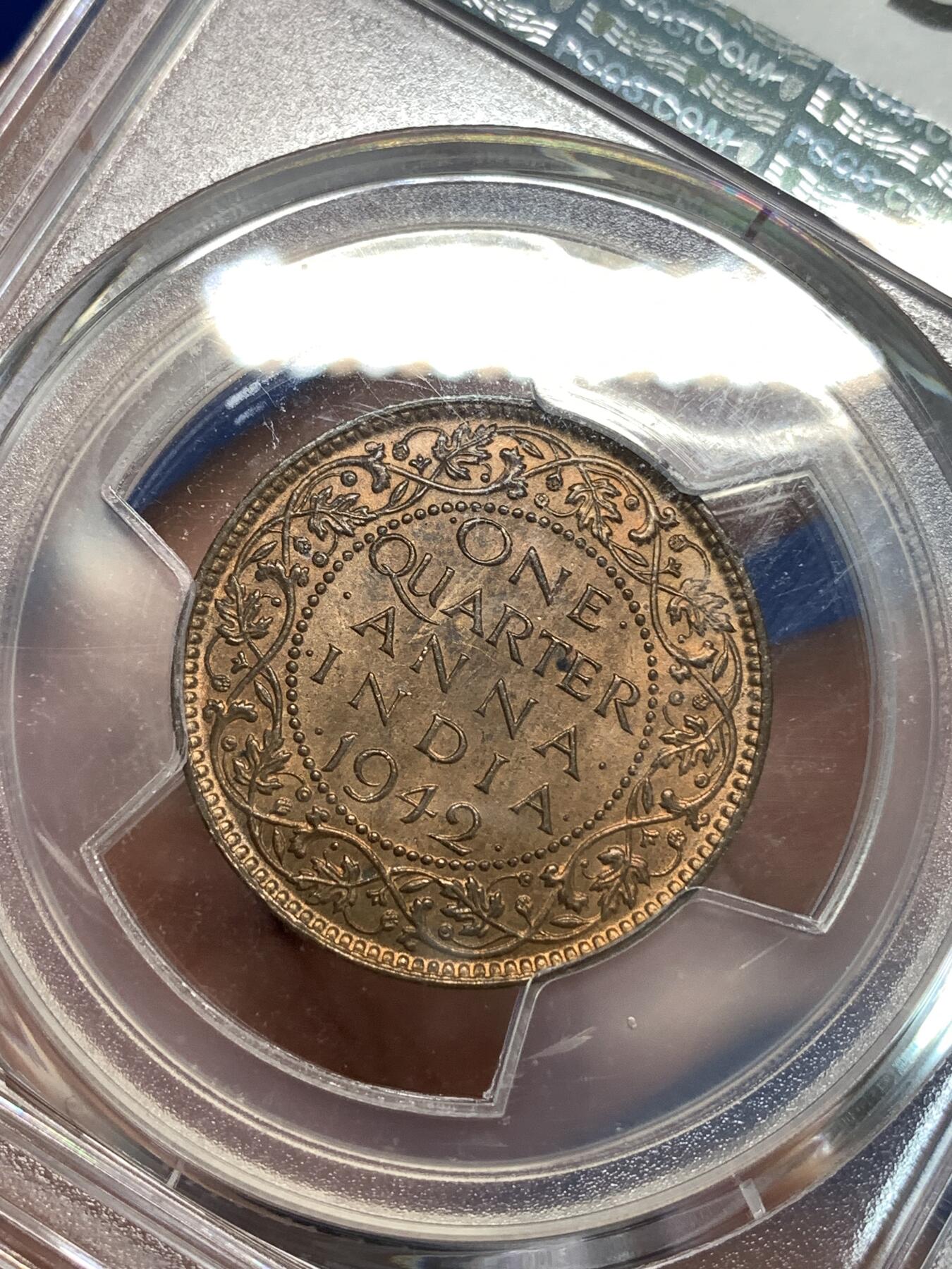《竞宝斋》第292场- 周日，周一  2场连拍 （全场包邮） PCGS MS63RB  1942年印度 1/4 铜币 极少见的高分