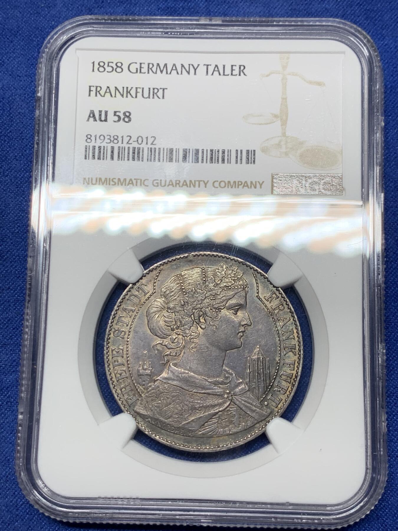 《竞宝斋》第292场- 周日，周一  2场连拍 （全场包邮） NGC AU58 德国法兰克福 1858年 稀少教堂版 法兰克福少女 1泰勒银币 深彩包浆光度好