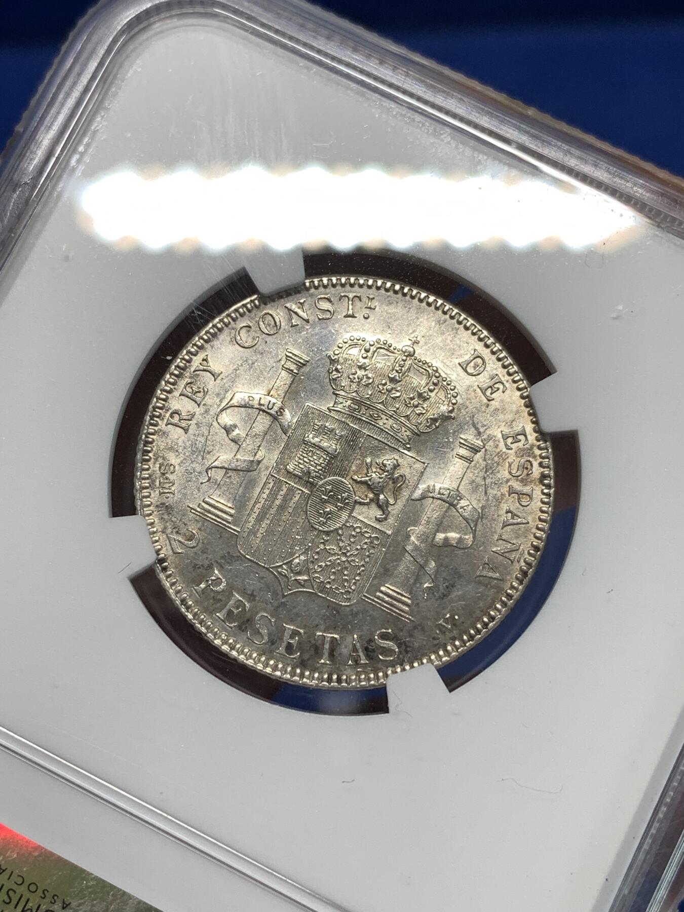 《竞宝斋》第292场- 周日，周一  2场连拍 （全场包邮） NGC UNCD 西班牙1905阿方索十三世2比塞塔银币