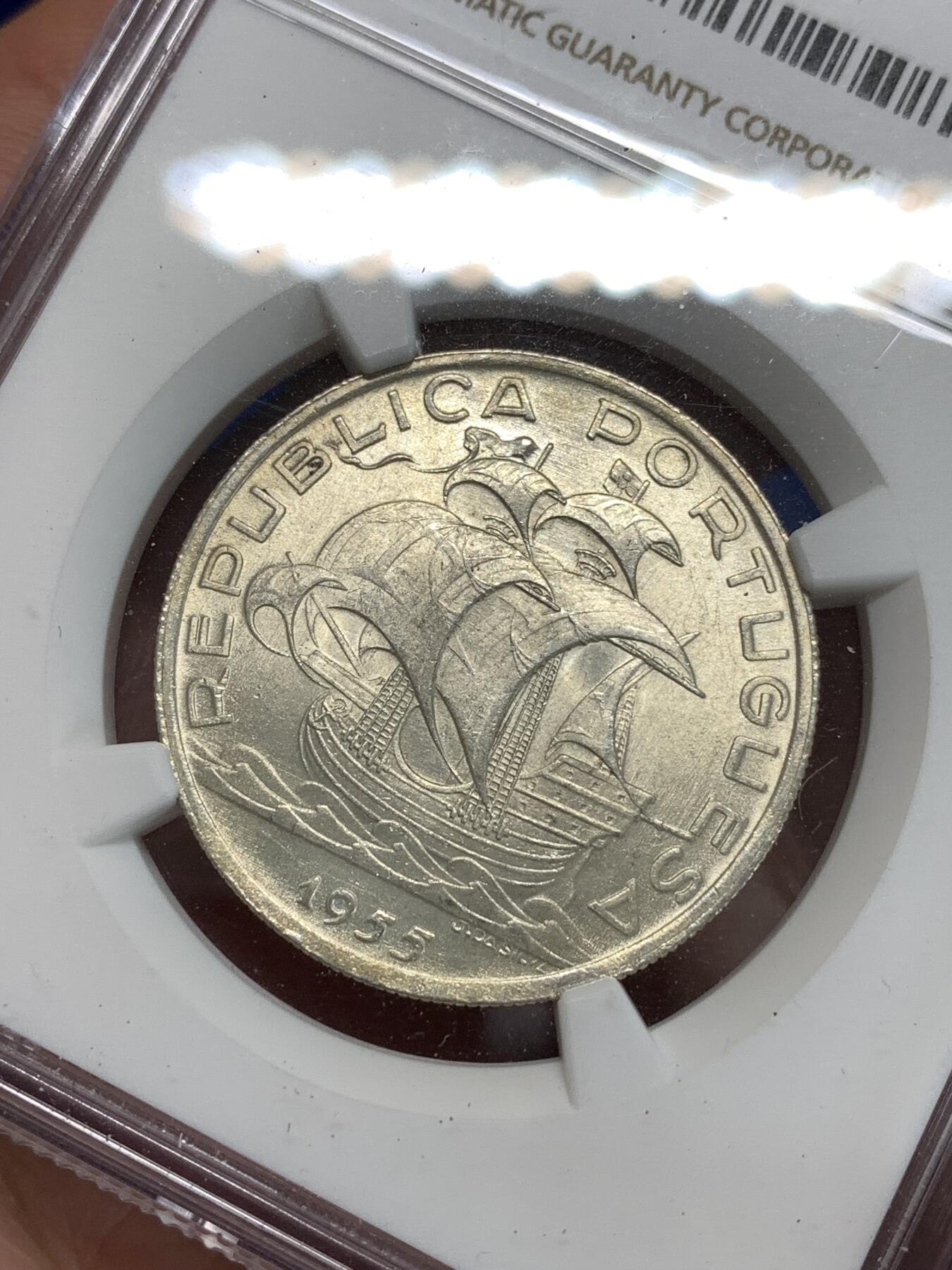 《竞宝斋》第292场- 周日，周一  2场连拍 （全场包邮） NGC MS64 葡萄牙1955年大帆船10埃斯库多银币