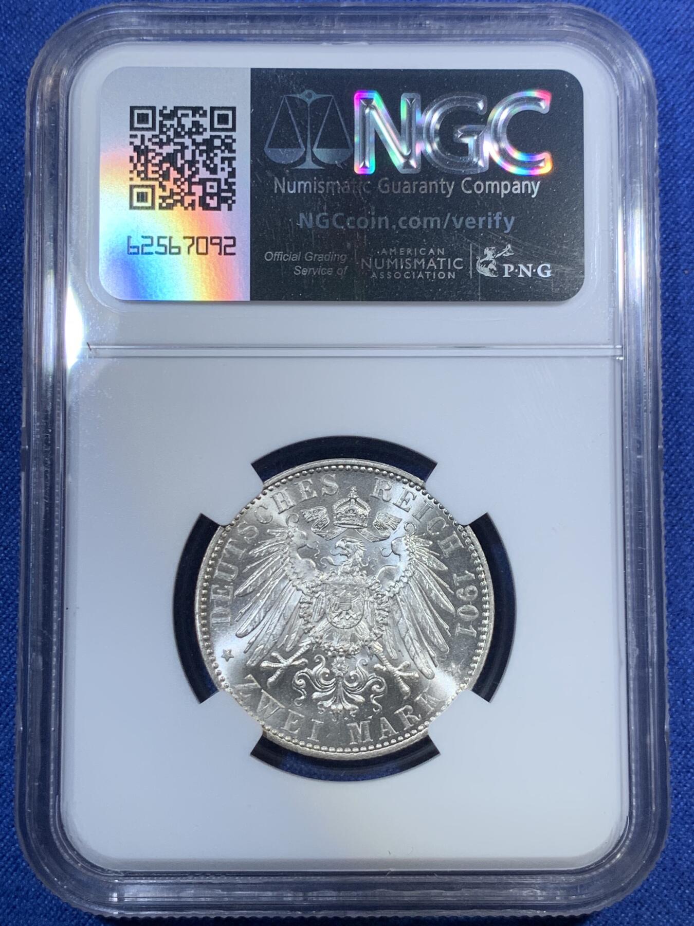 《竞宝斋》第292场- 周日，周一  2场连拍 （全场包邮） NGC MS62 德国1901A普鲁士建国200周年2马克银币