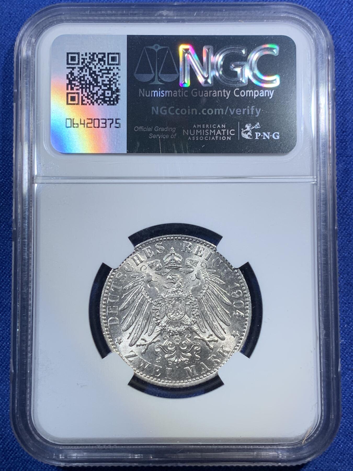 《竞宝斋》第292场- 周日，周一  2场连拍 （全场包邮） NGC MS65 德国汉堡1904J双狮2马克