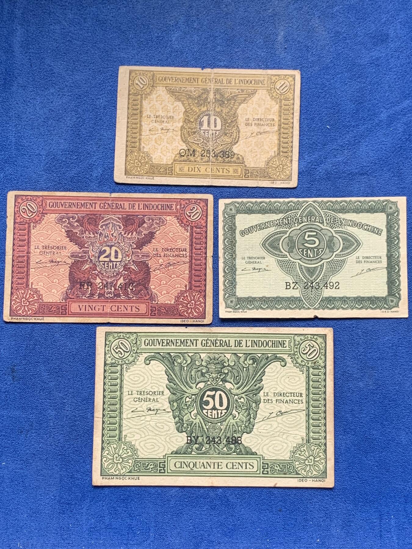 《竞宝斋》第292场- 周日，周一  2场连拍 （全场包邮） 4枚一组 法属印支纸币辅币一套