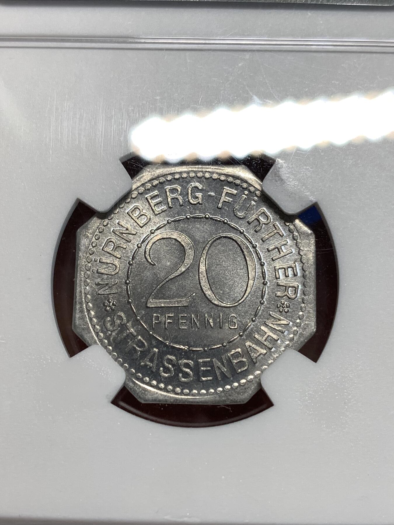 《竞宝斋》第292场- 周日，周一  2场连拍 （全场包邮） NGC MS65 德国1920年紧急状态时期纽伦堡20芬尼代用币