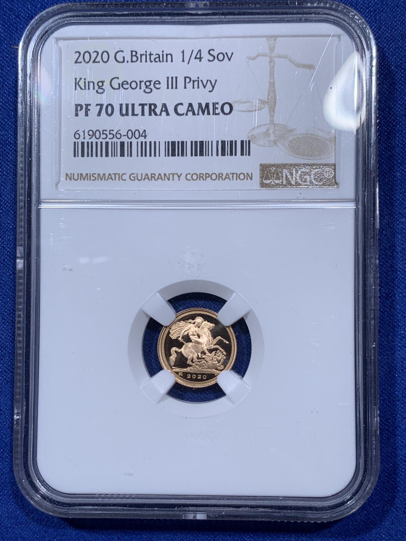 《竞宝斋》第292场- 周日，周一  2场连拍 （全场包邮） NGC PF69-70UC 英国 2020年 乔治三世200周年纪念索维林金币（4枚马剑金币套装总重30克，带钢琴漆木质原盒，限量600套，金价高企错过可惜！）