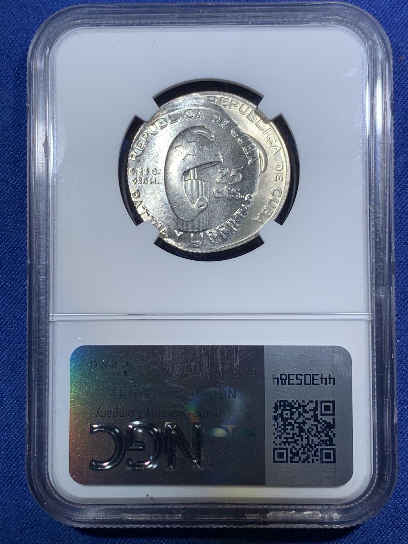 《竞宝斋》第292场- 周日，周一  2场连拍 （全场包邮） NGC MINT ERROR MS65 古巴1953年何塞马丁百年纪念25分银币 珍惜复打币