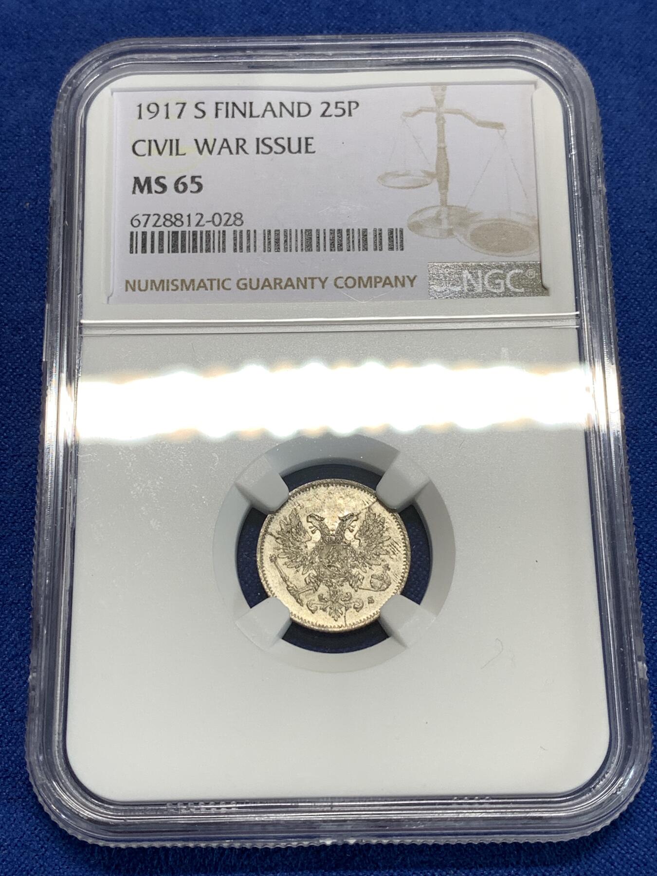 《竞宝斋》第292场- 周日，周一  2场连拍 （全场包邮） NGC MS65 俄占芬兰1917年泽伦斯基临时政府25盆尼S版小银币