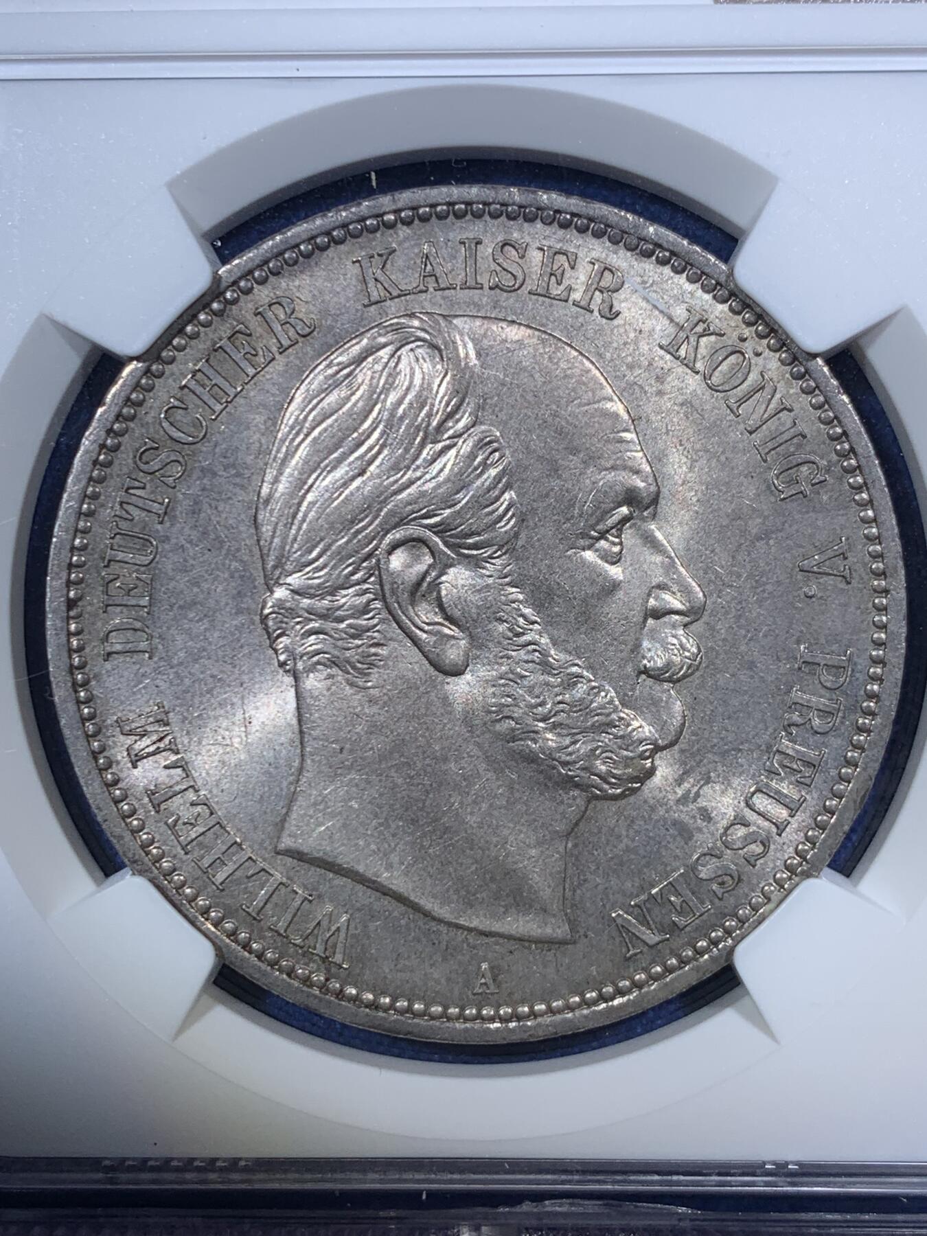 《竞宝斋》第292场- 周日，周一  2场连拍 （全场包邮） NGC MS63 德国1874年首年普鲁士威廉一世短翅5马克银币 曝光车轮转光流通马克中的经典威一短翅好品极难
