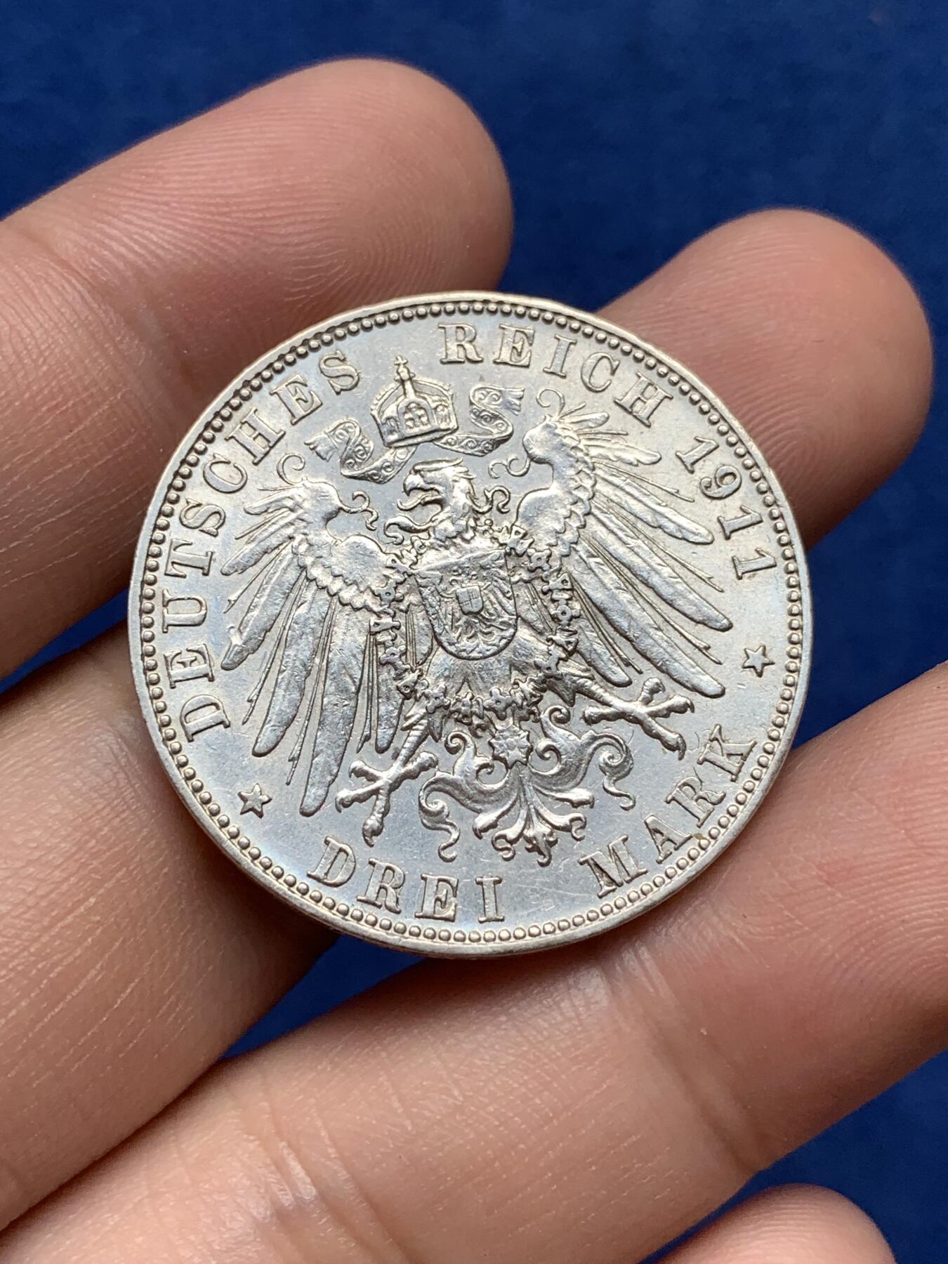 《竞宝斋》第292场- 周日，周一  2场连拍 （全场包邮） 巴伐利亚1911年利奥波德3马克 无磕带底光