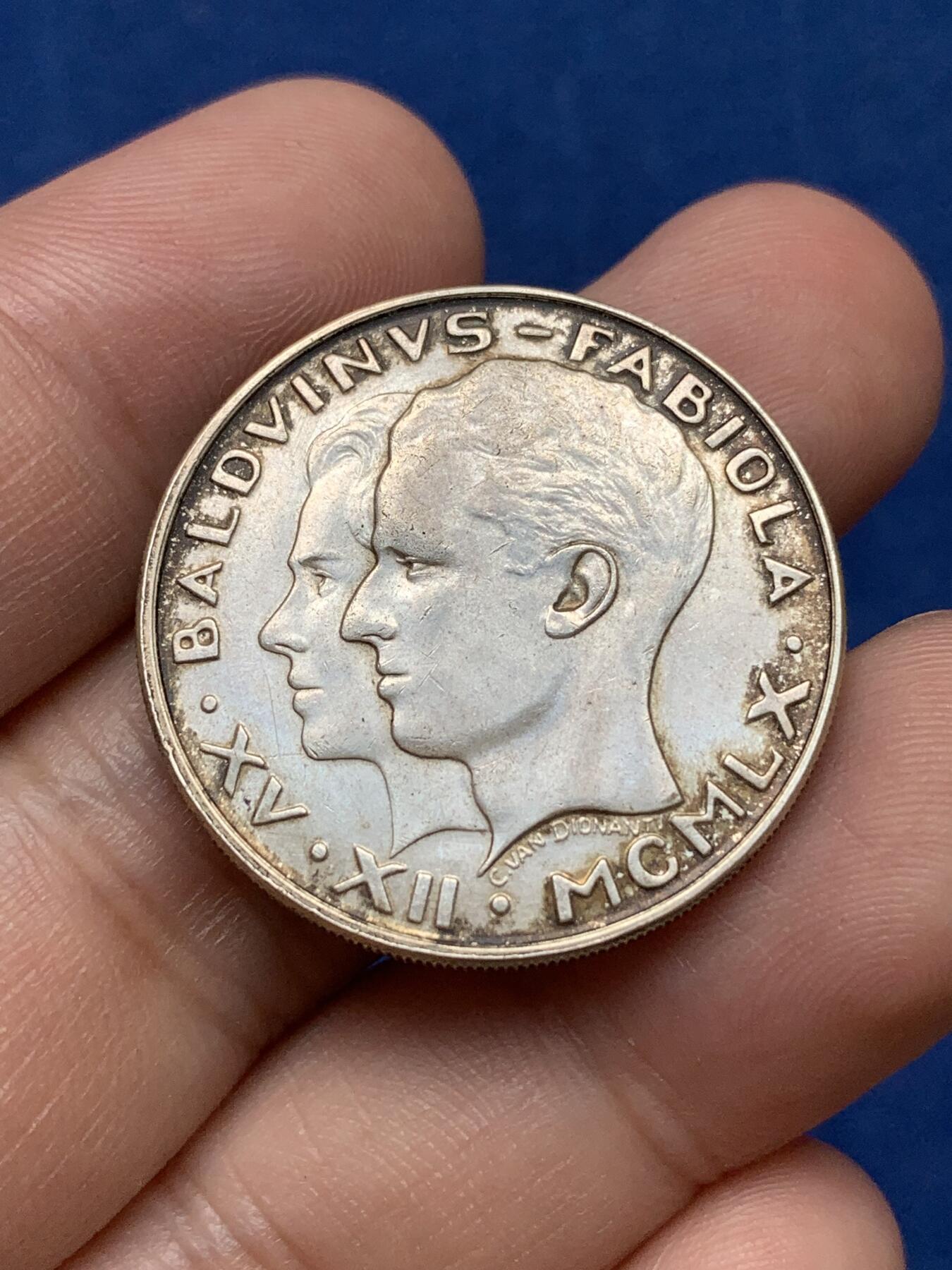 《竞宝斋》第292场- 周日，周一  2场连拍 （全场包邮） 比利时1960年国王结婚纪念50法郎银币