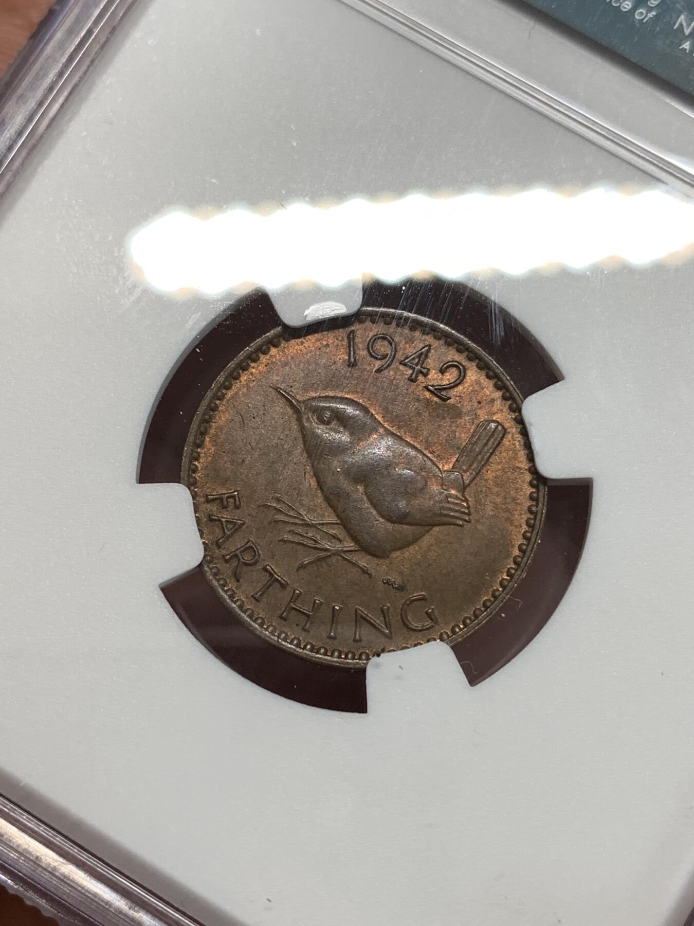 《竞宝斋》第292场- 周日，周一  2场连拍 （全场包邮） NGC MS64BN 英国1942年乔六1/4便士小鸟铜币