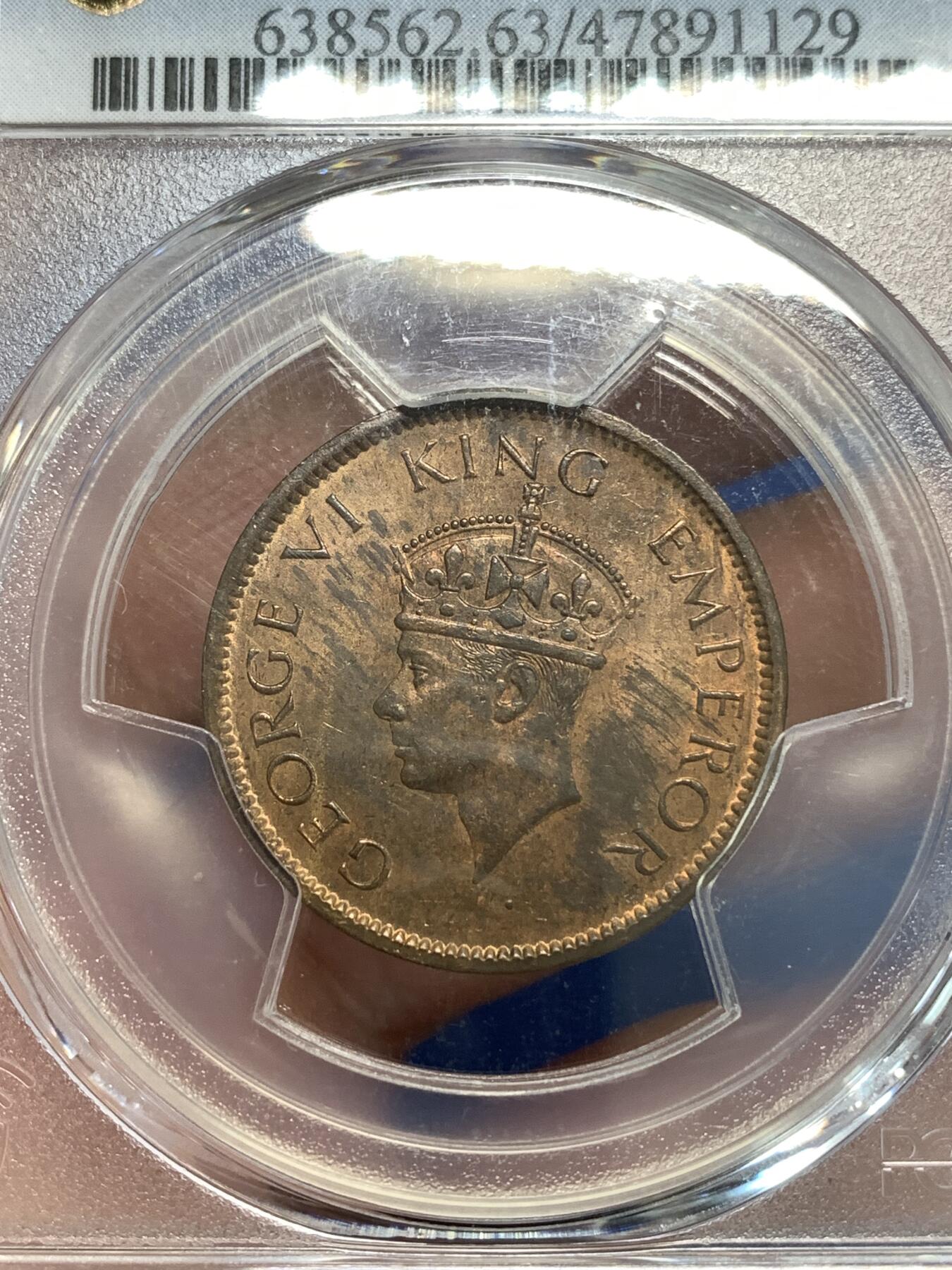 《竞宝斋》第292场- 周日，周一  2场连拍 （全场包邮） PCGS MS63RB  1942年印度 1/4 铜币 极少见的高分