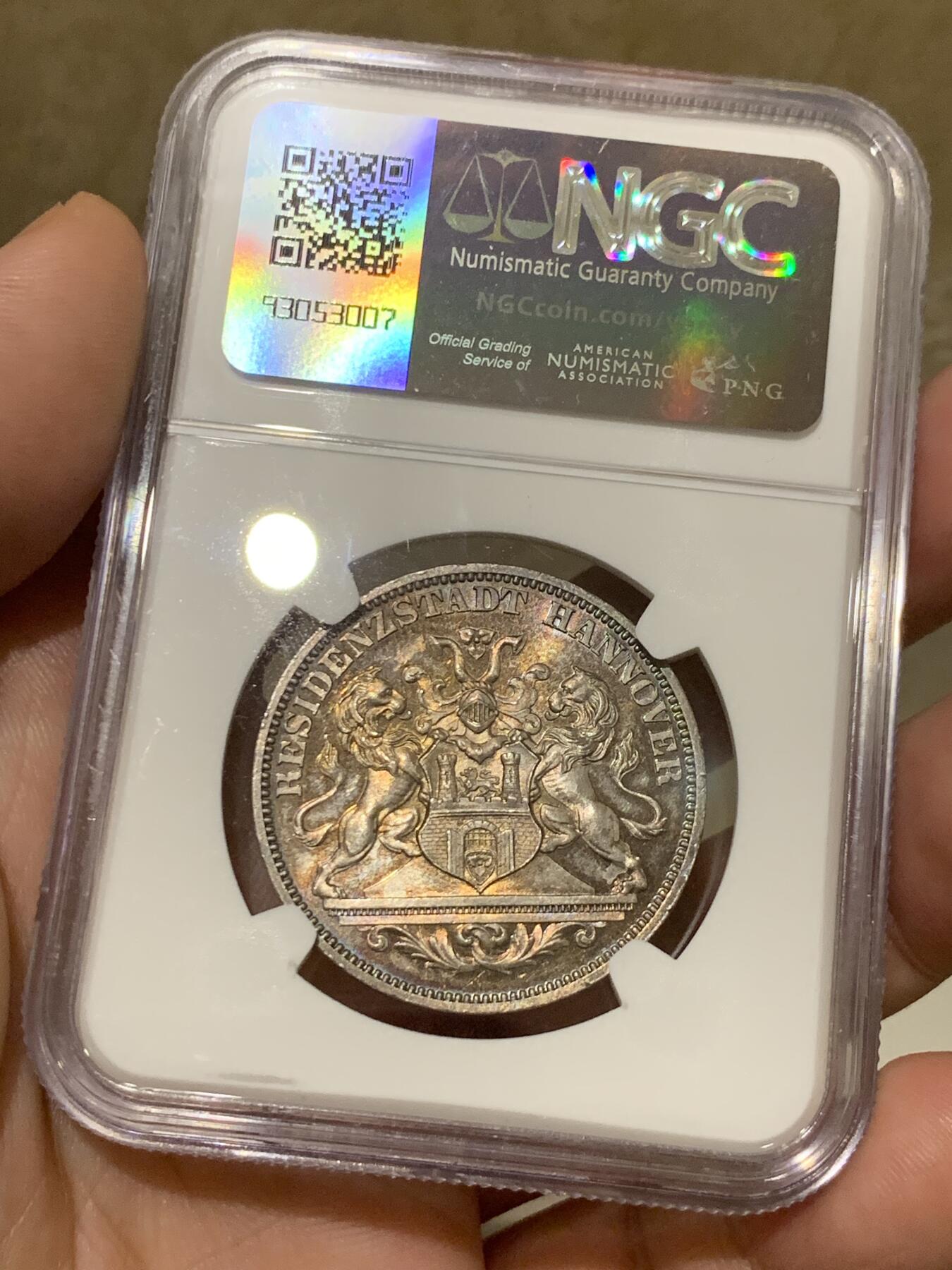 《竞宝斋》第292场- 周日，周一  2场连拍 （全场包邮） NGC MS63 1872年德国汉诺威双狮盾徽射击节1泰勒币章 帝国最后的1泰勒 炫五彩包浆 63分非常难得了