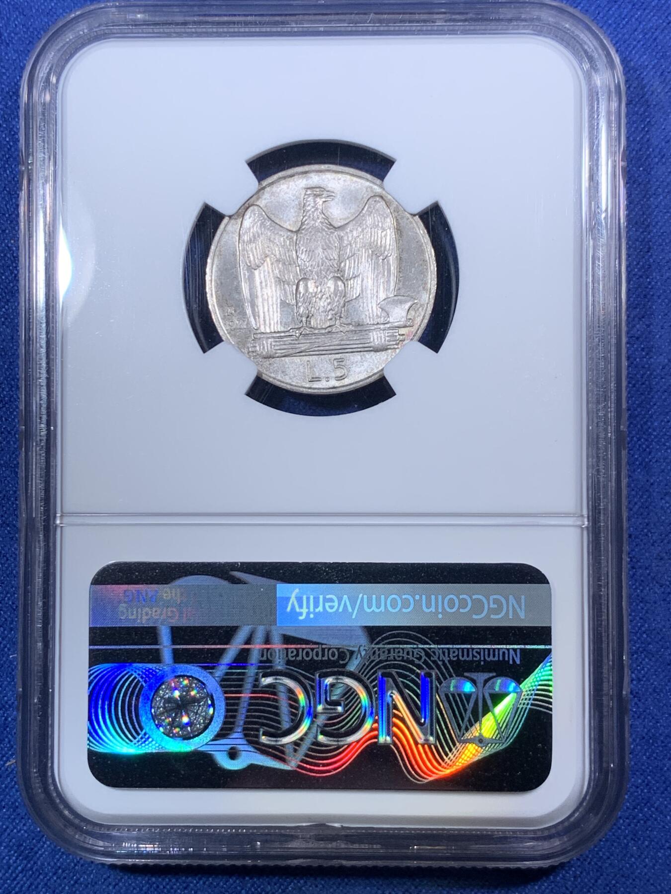 《竞宝斋》第292场- 周日，周一  2场连拍 （全场包邮） NGC MS66 意大利王国1927年法西斯鹰5里拉银币 冠军分