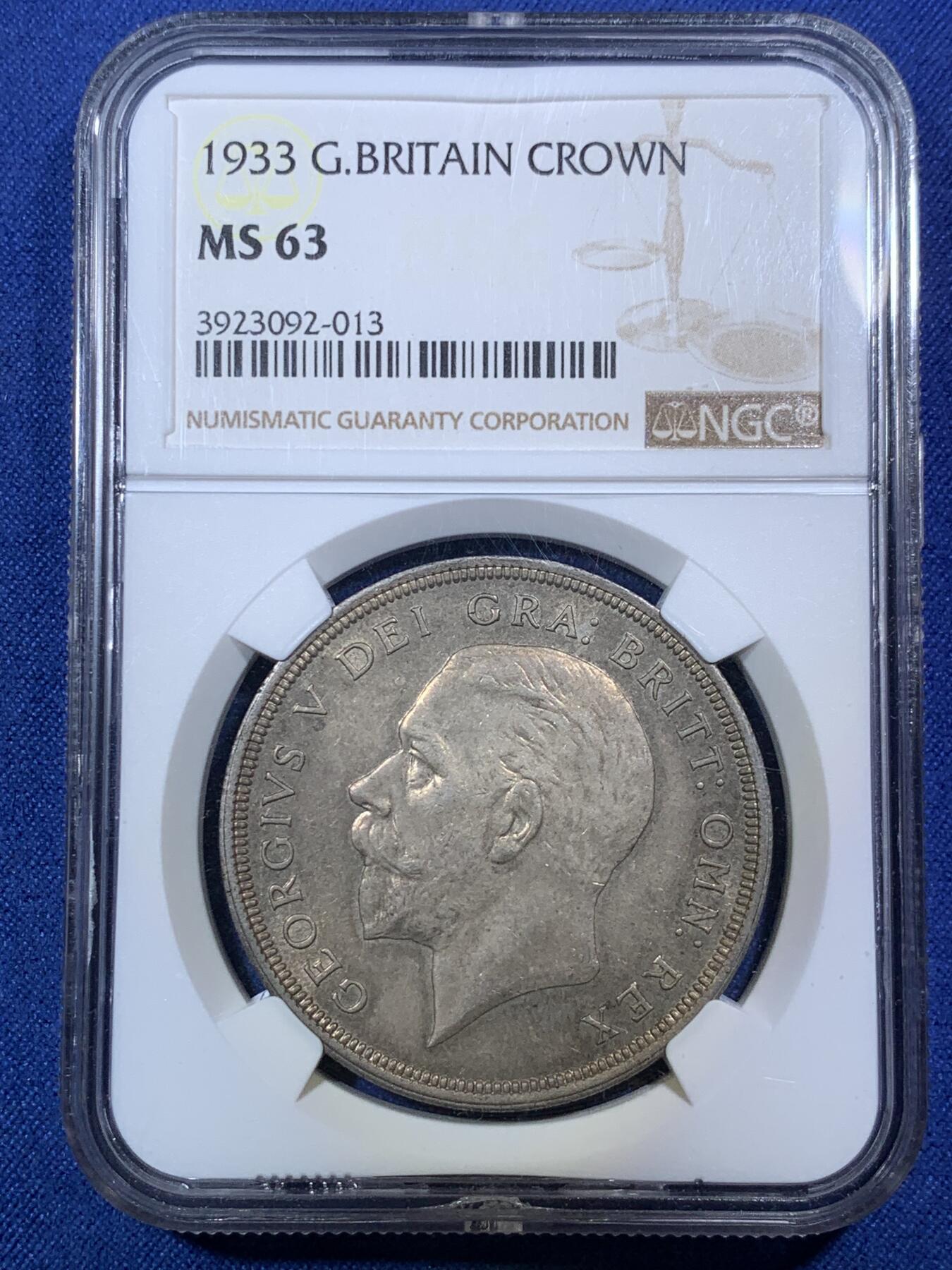 《竞宝斋》第292场- 周日，周一  2场连拍 （全场包邮） NGC MS63 英国1933年乔治五世花冠1克朗银币 发行7千多枚