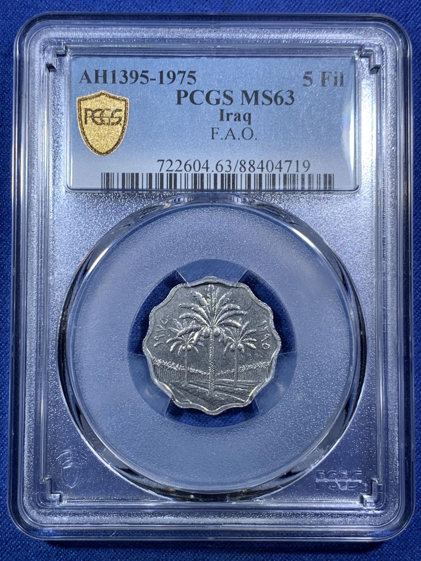 《竞宝斋》第292场- 周日，周一  2场连拍 （全场包邮） PCGS MS63 伊拉克1975年5菲尔FAO纪念镍币
